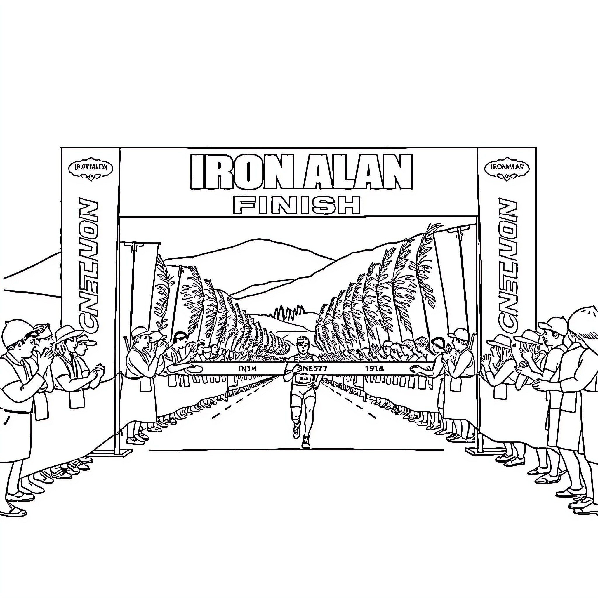 Ironman reaching the finish line of a race Coloring Page (free black-and-white line drawing printable PDF for all, from beginners to advanced learners, including children, teens, adults, and seniors)