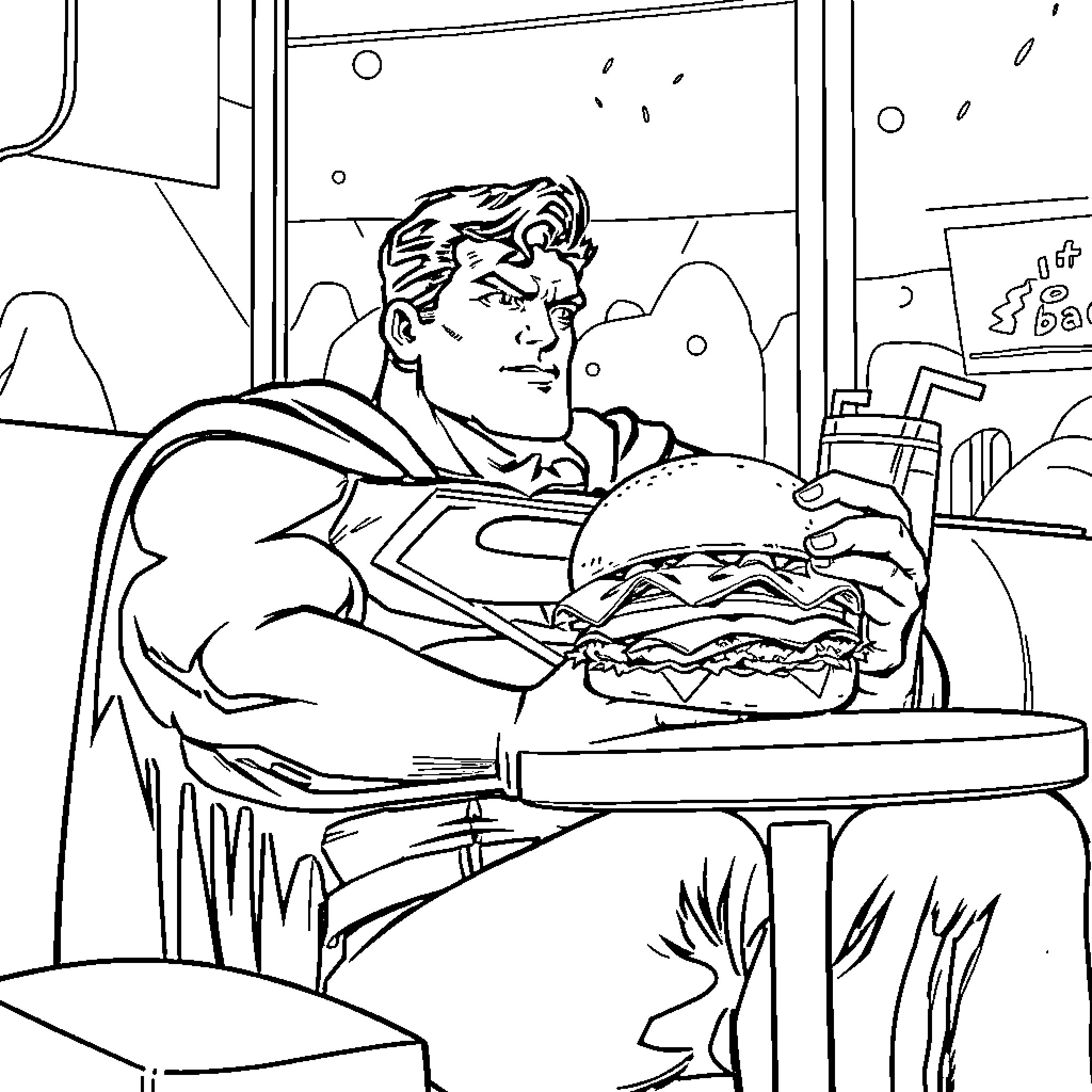 Superman enjoying a delicious burger in a diner Coloring Page (free black-and-white line drawing printable PDF for all, from beginners to advanced learners, including children, teens, adults, and seniors)