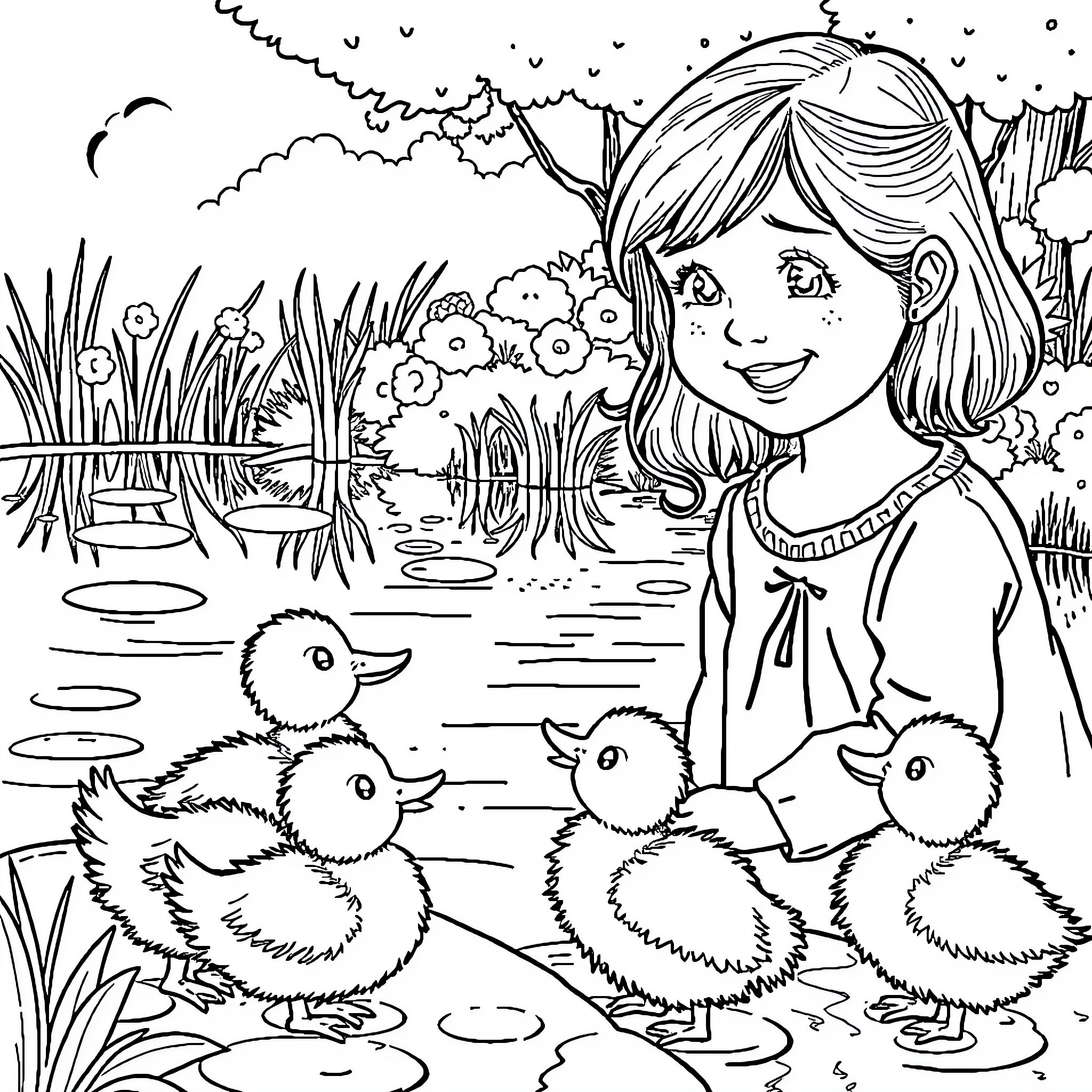 Girl feeding cute ducklings by the pond Coloring Page (free black-and-white line drawing printable PDF for all, from beginners to advanced learners, including children, teens, adults, and seniors)