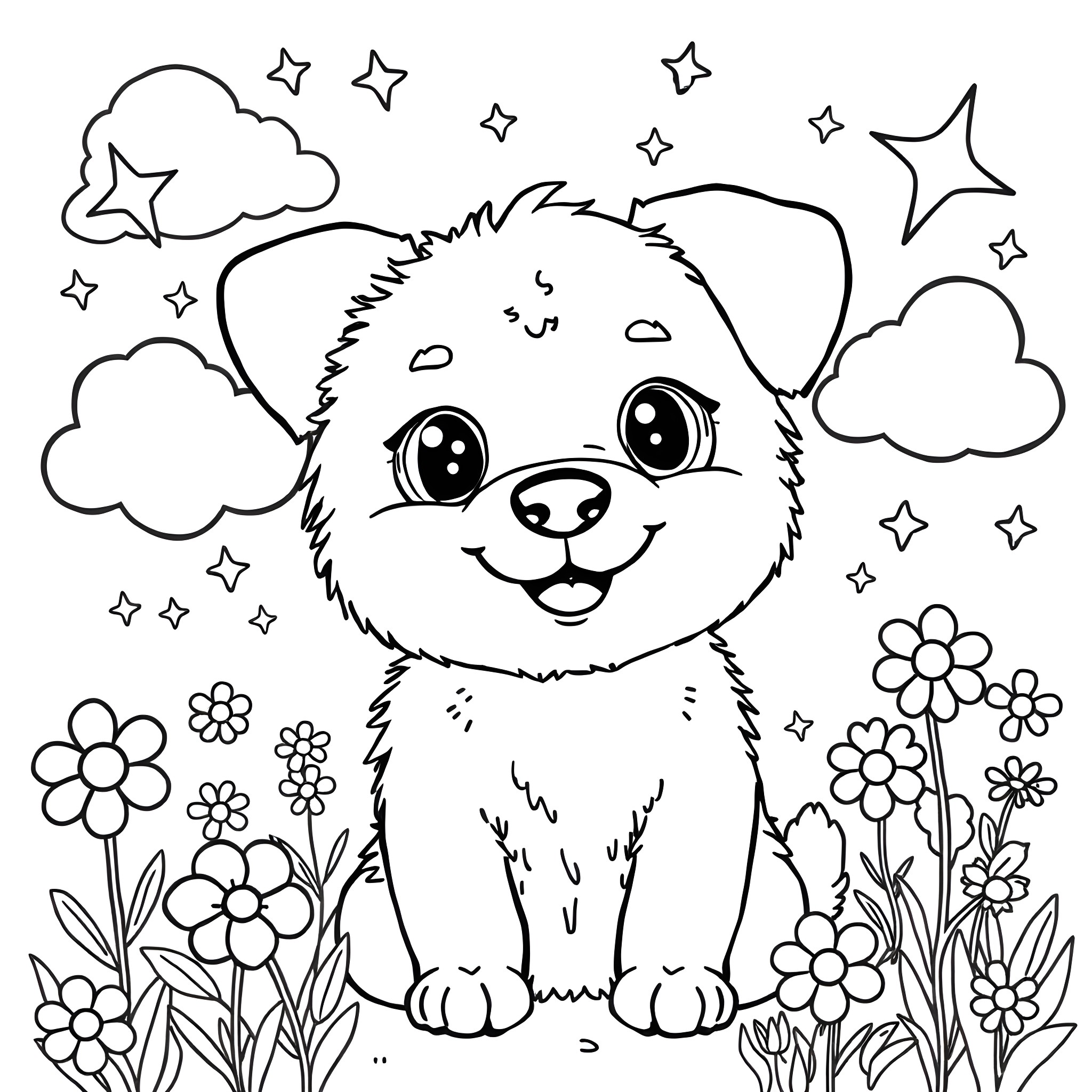 Dog playing among flowers under starry sky Coloring Page (free black-and-white line drawing printable PDF for all, from beginners to advanced learners, including children, teens, adults, and seniors)