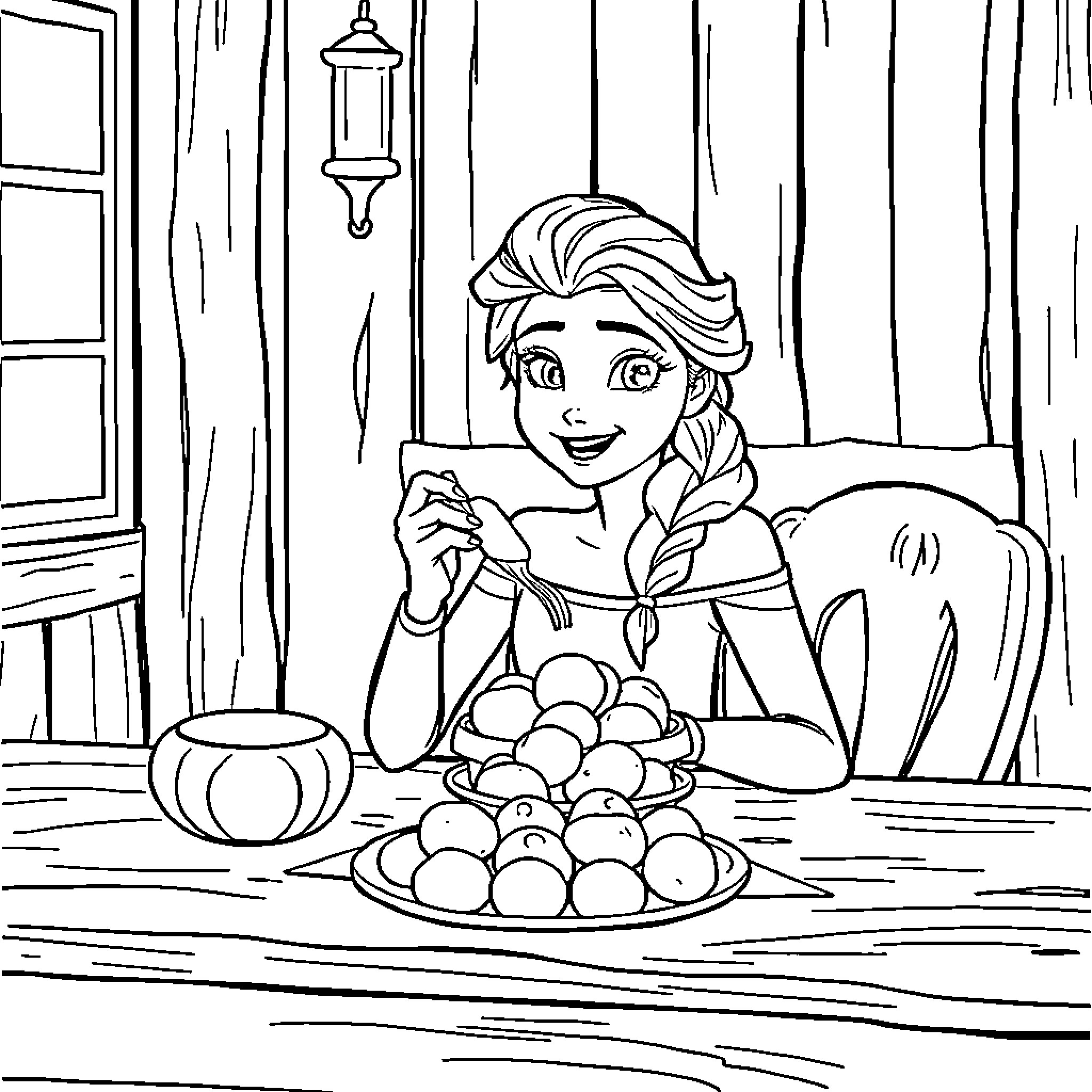 Elsa Enjoying a Bountiful Meal Coloring Page (free black-and-white line drawing printable PDF for all, from beginners to advanced learners, including children, teens, adults, and seniors)