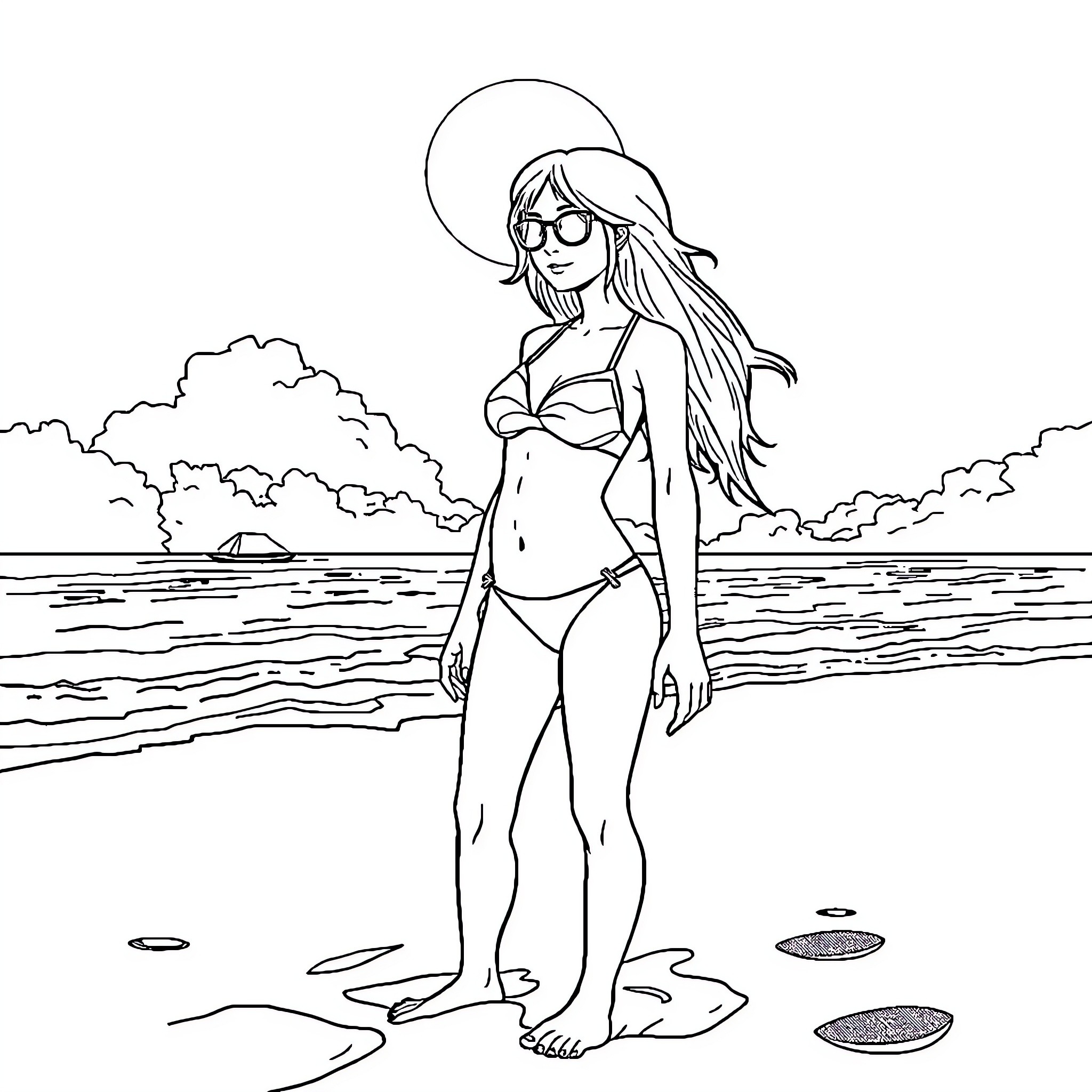 Girl in Swimsuit Walking on Beach Coloring Page (free black-and-white line drawing printable PDF for all, from beginners to advanced learners, including children, teens, adults, and seniors)
