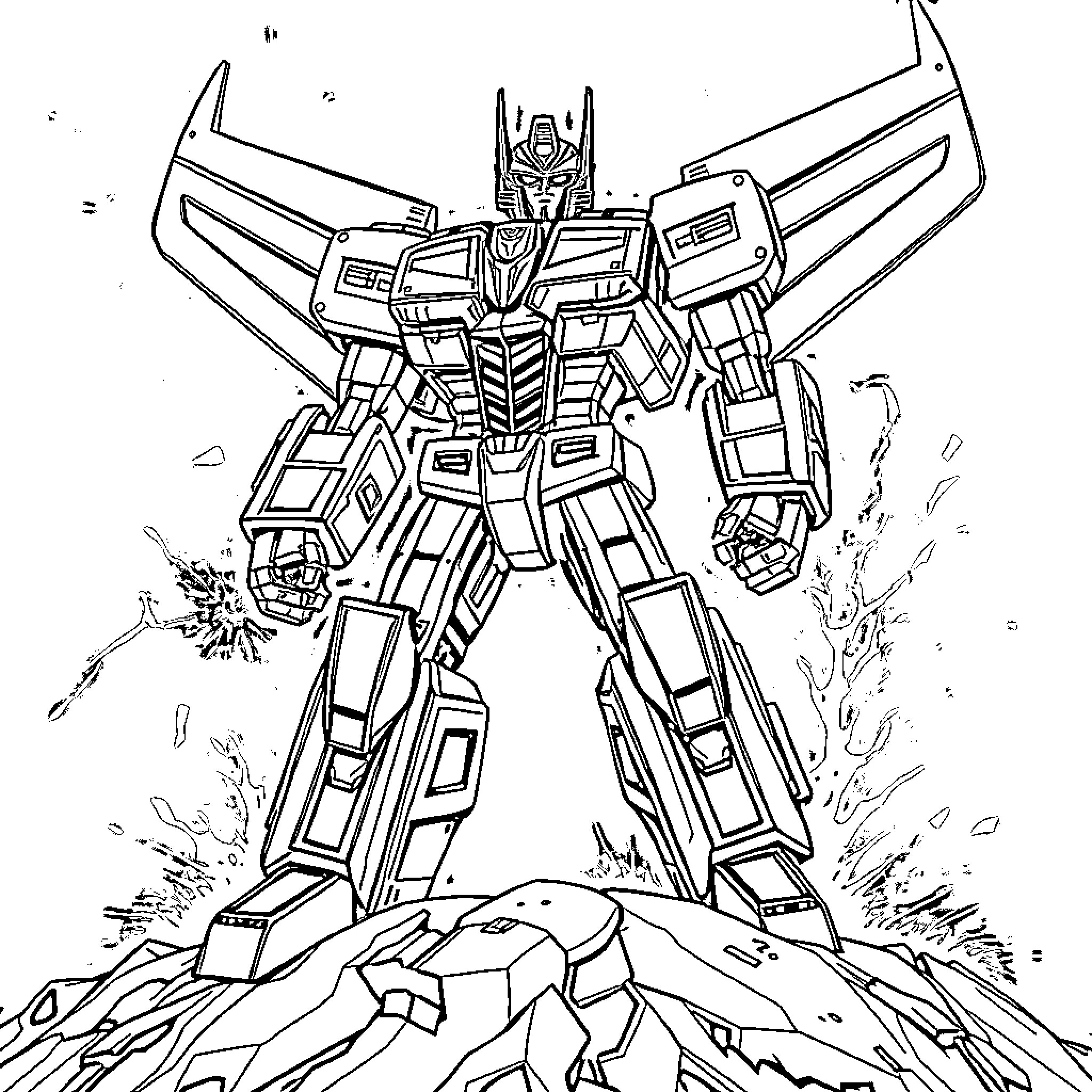 Megatron, the mighty Transformer, unleashing power Coloring Page (free black-and-white line drawing printable PDF for all, from beginners to advanced learners, including children, teens, adults, and seniors)