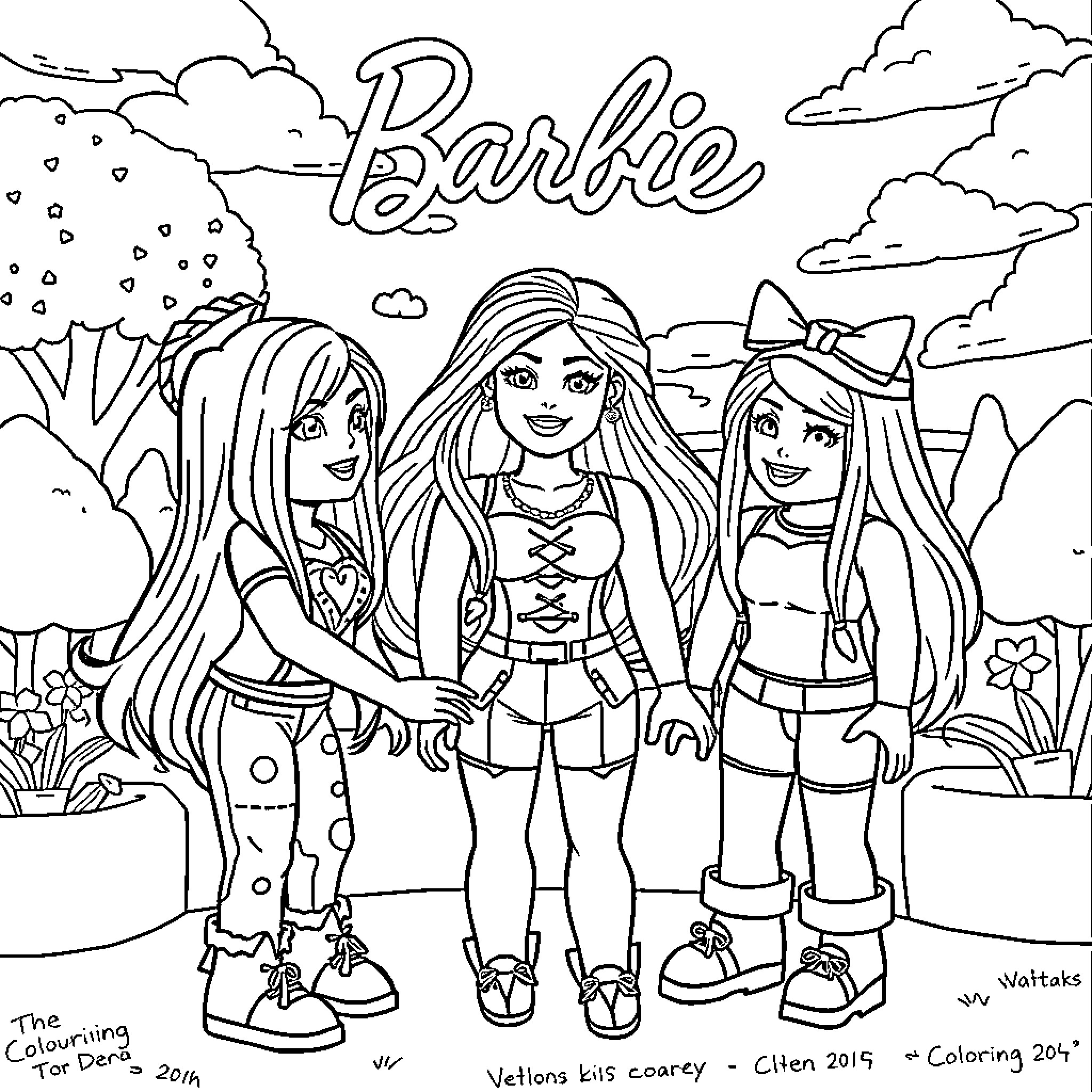 Barbie and friends in an outdoor adventure Coloring Page (free black-and-white line drawing printable PDF for all, from beginners to advanced learners, including children, teens, adults, and seniors)