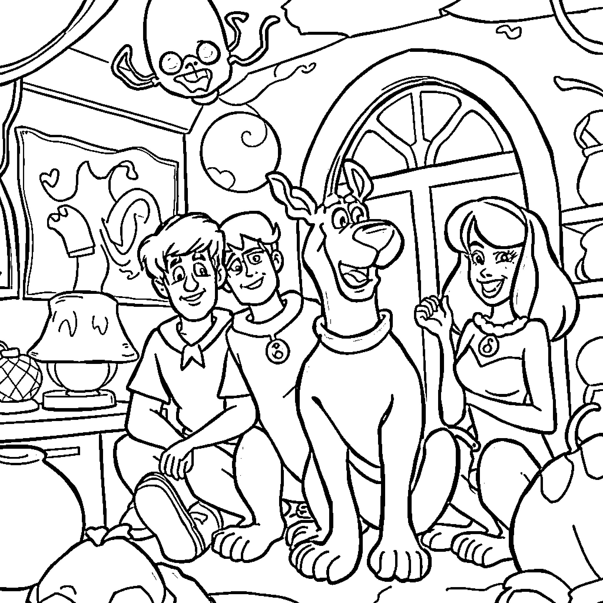 Scooby Doo and the Gang's Spooky Mystery Adventure Coloring Page (free black-and-white line drawing printable PDF for all, from beginners to advanced learners, including children, teens, adults, and seniors)