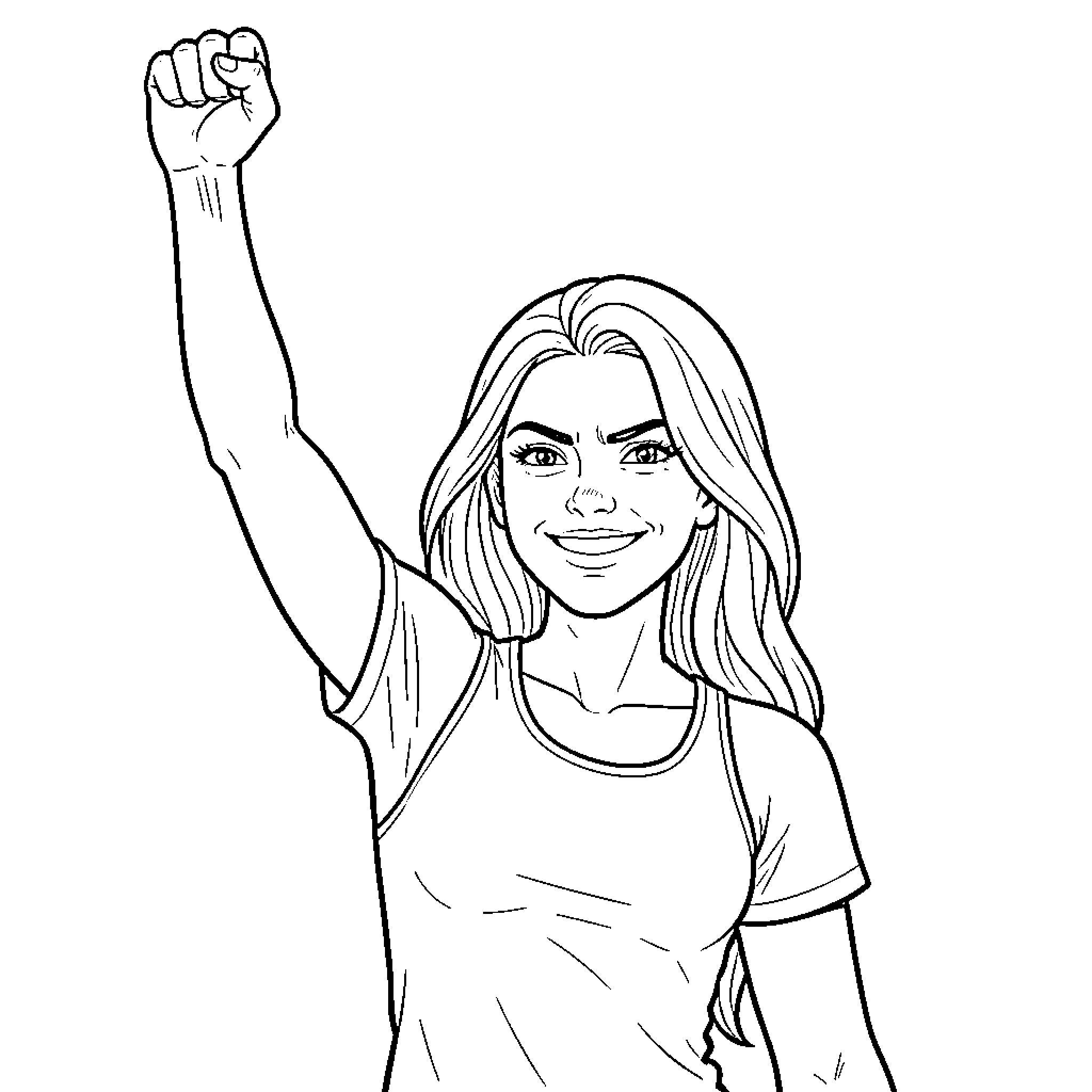 Woman raising her hand with determination Coloring Page (free black-and-white line drawing printable PDF for all, from beginners to advanced learners, including children, teens, adults, and seniors)