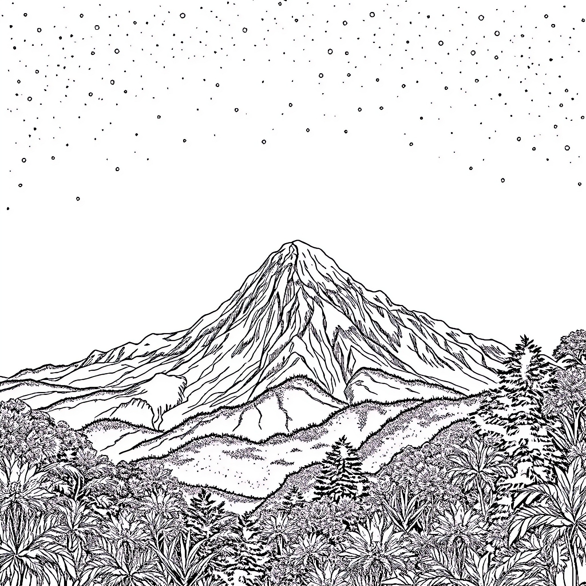 Mountain landscape with flora and starry sky Coloring Page (free black-and-white line drawing printable PDF for all, from beginners to advanced learners, including children, teens, adults, and seniors)