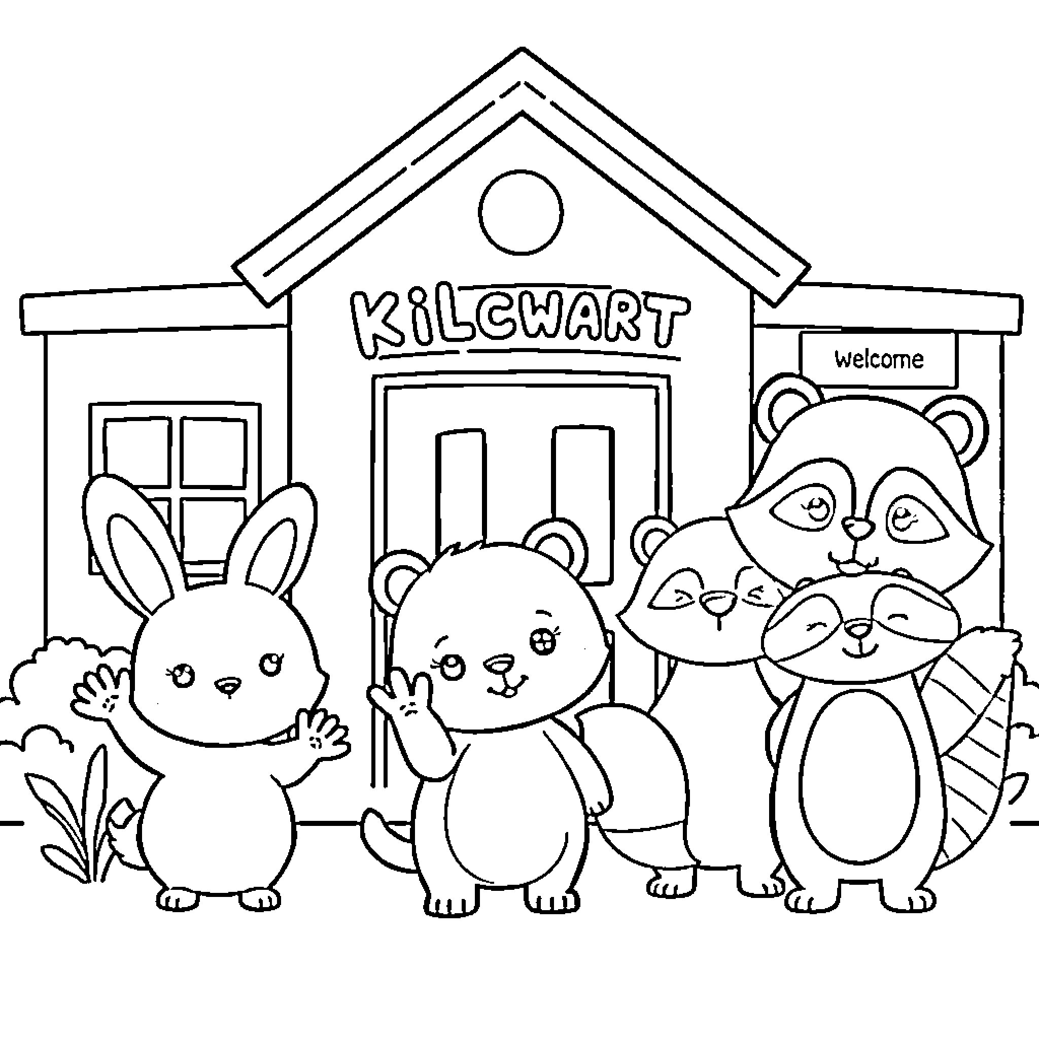 Animal friends at the Kilewart welcome center Coloring Page (free black-and-white line drawing printable PDF for all, from beginners to advanced learners, including children, teens, adults, and seniors)