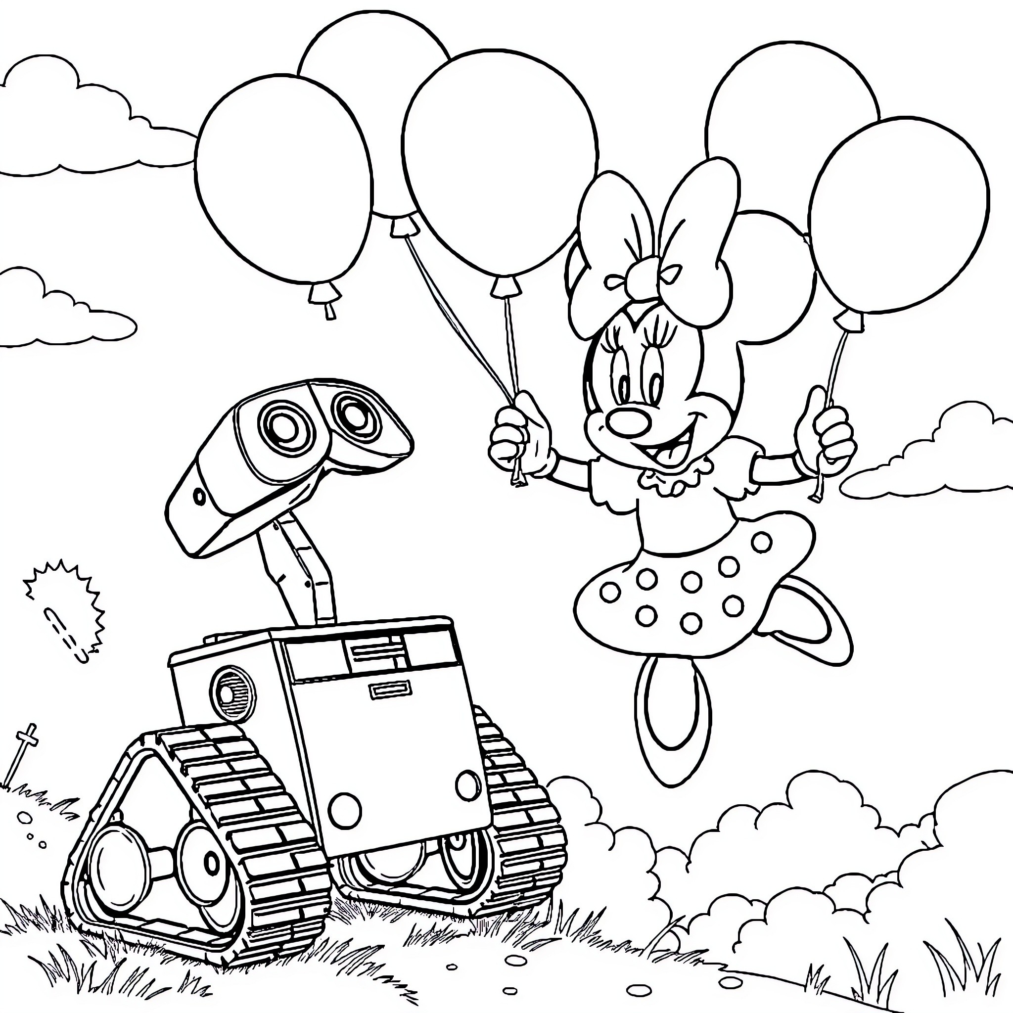 Wall-E and Minnie Mouse playing with balloons Coloring Page (free black-and-white line drawing printable PDF for all, from beginners to advanced learners, including children, teens, adults, and seniors)
