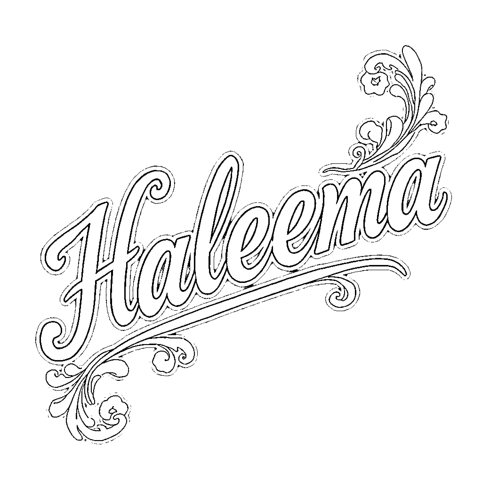 Haleema's Decorative Name Illustration Coloring Page (free black-and-white line drawing printable PDF for all, from beginners to advanced learners, including children, teens, adults, and seniors)