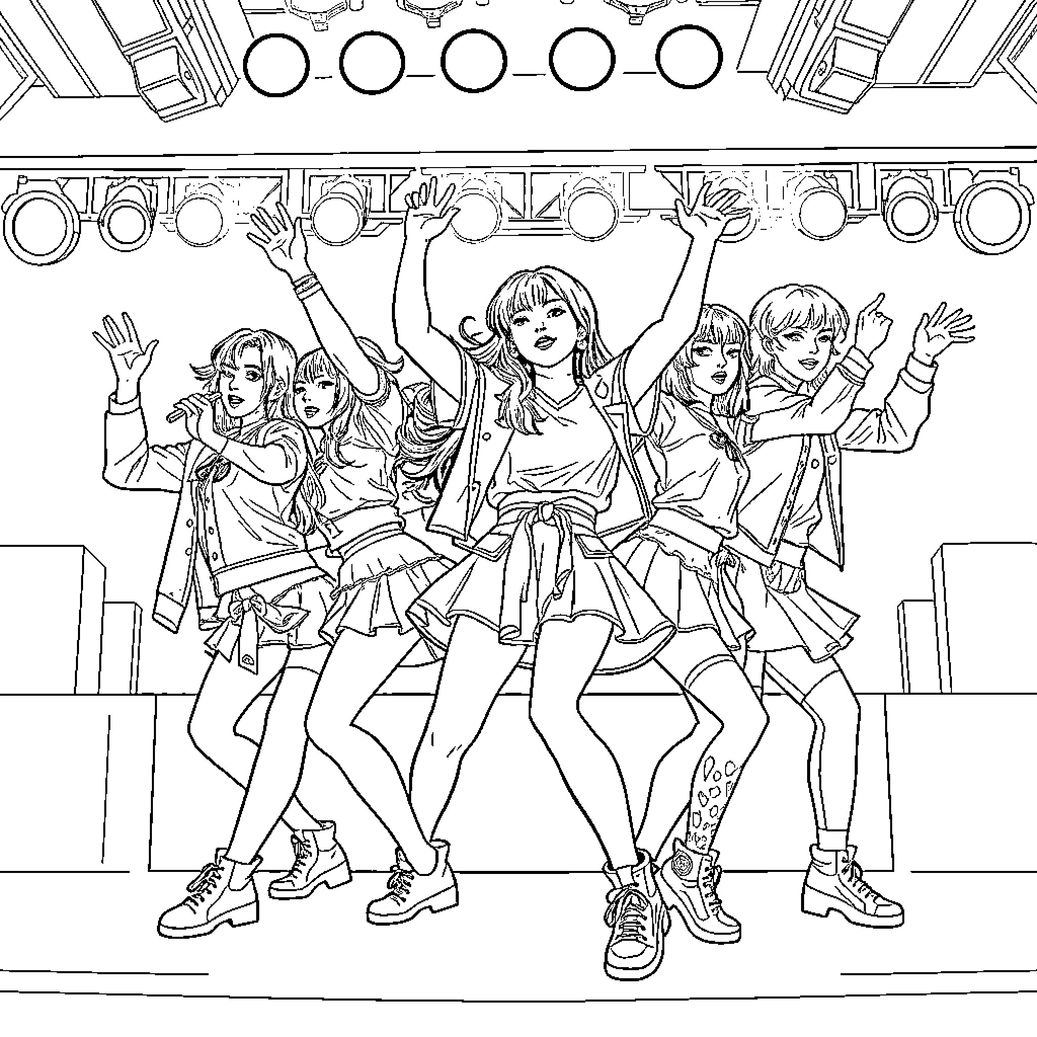 Kpop Group Performing on Stage with Energetic Expressions Coloring Page (free black-and-white line drawing printable PDF for all, from beginners to advanced learners, including children, teens, adults, and seniors)