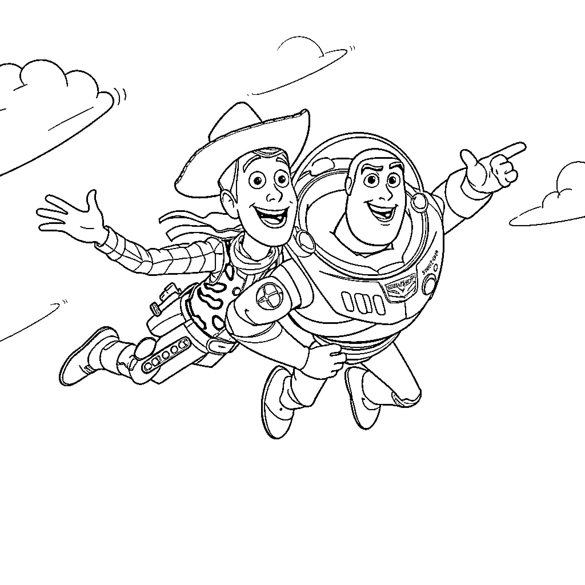 Woody and Buzz Lightyear soaring through the sky Coloring Page (free black-and-white line drawing printable PDF for all, from beginners to advanced learners, including children, teens, adults, and seniors)