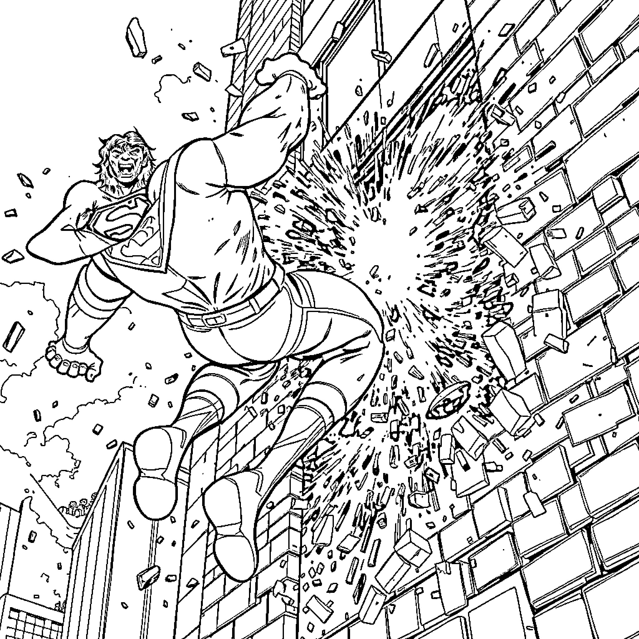 Superman Shattering Through Wall Coloring Page (free black-and-white line drawing printable PDF for all, from beginners to advanced learners, including children, teens, adults, and seniors)