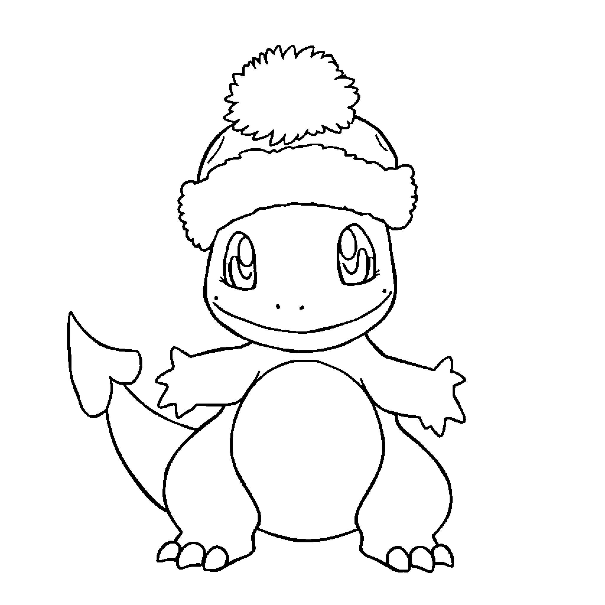 Charmander wearing a warm winter hat Coloring Page (free black-and-white line drawing printable PDF for all, from beginners to advanced learners, including children, teens, adults, and seniors)