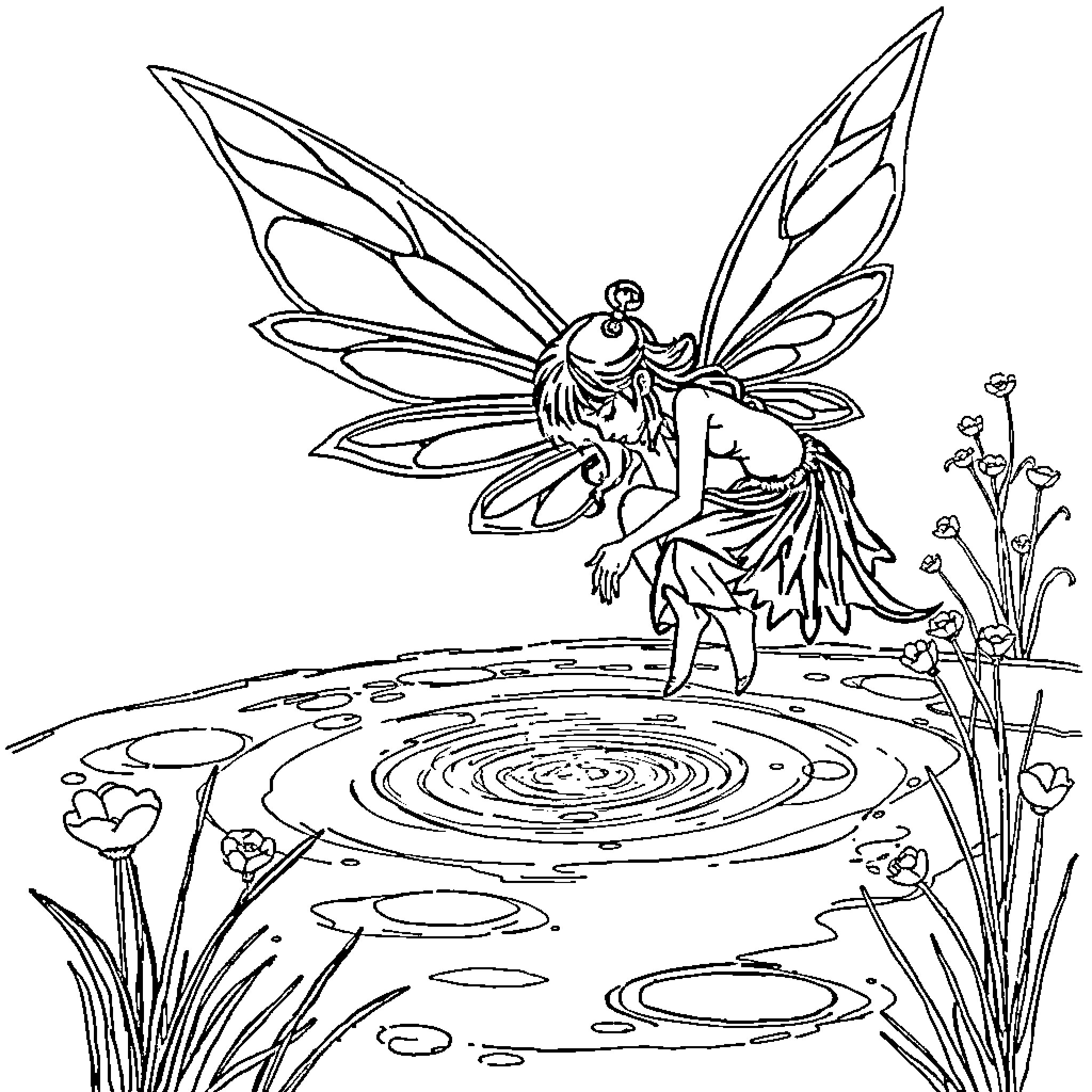 Fairy resting peacefully by a serene pond Coloring Page (free black-and-white line drawing printable PDF for all, from beginners to advanced learners, including children, teens, adults, and seniors)