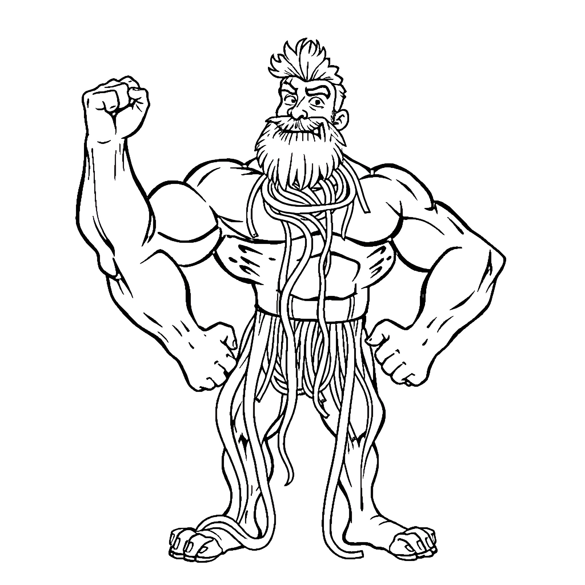Spaghetti Man flexing his muscles with determination Coloring Page (free black-and-white line drawing printable PDF for all, from beginners to advanced learners, including children, teens, adults, and seniors)