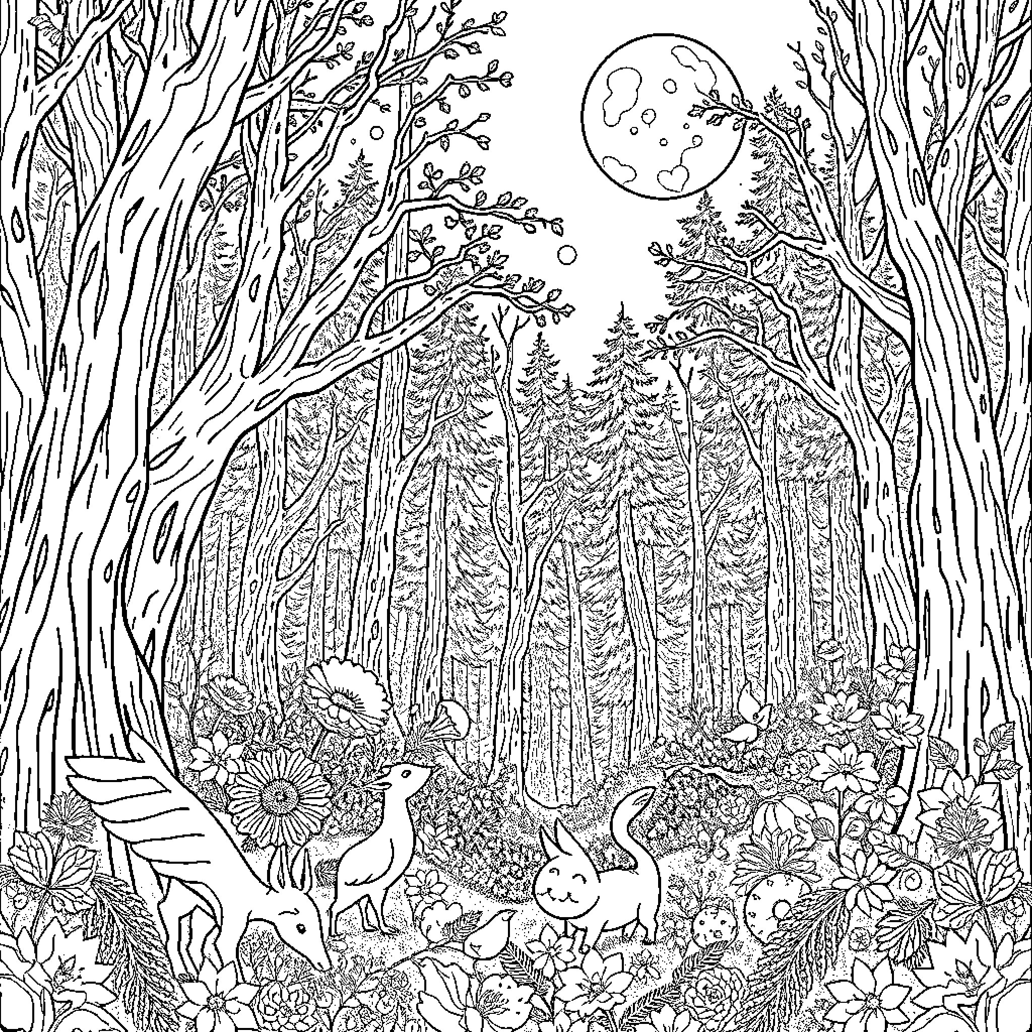 Wild Thing: Magical Creatures in Moonlit Forest Coloring Page (free black-and-white line drawing printable PDF for all, from beginners to advanced learners, including children, teens, adults, and seniors)