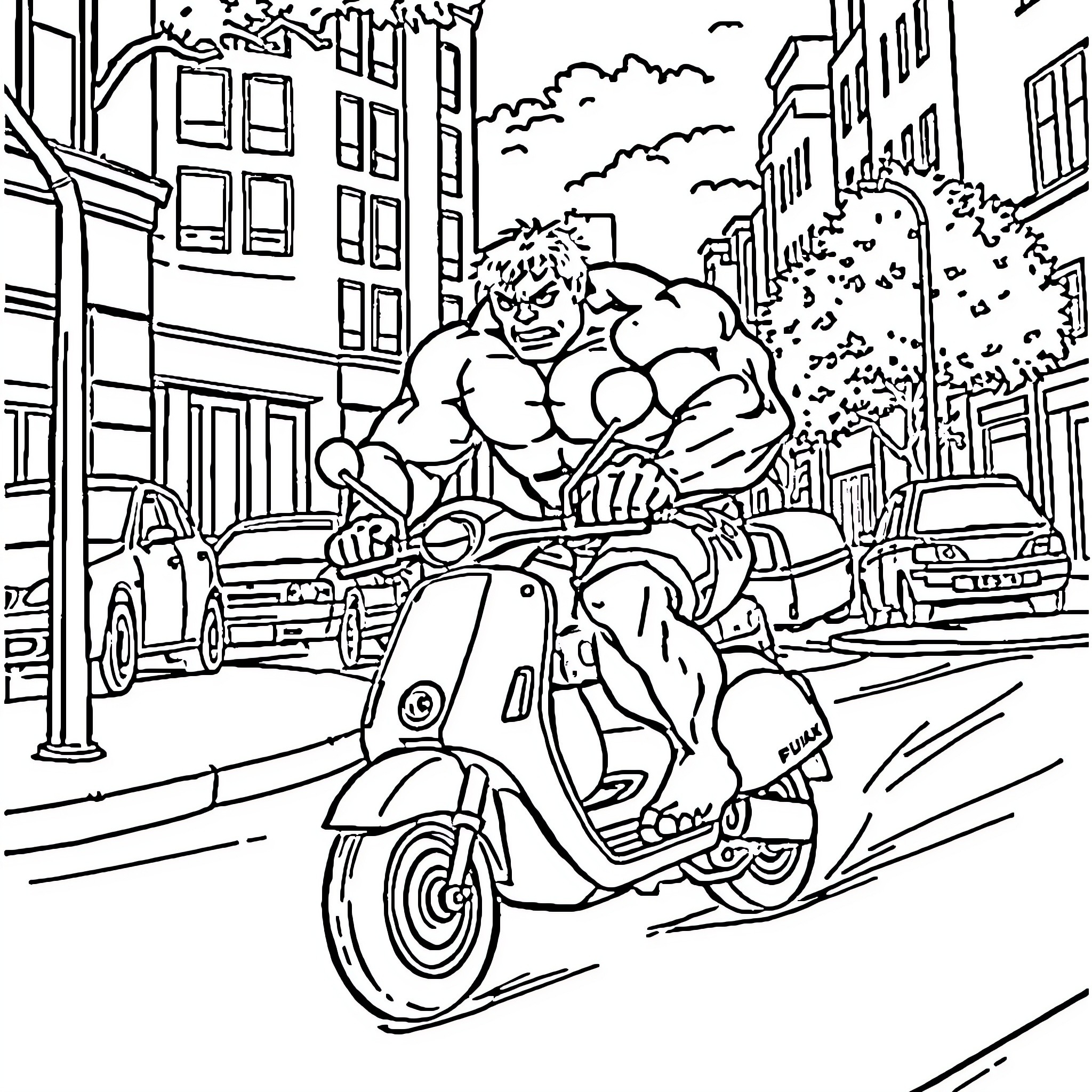 Hulk Zooming through City on a Scooter Coloring Page (free black-and-white line drawing printable PDF for all, from beginners to advanced learners, including children, teens, adults, and seniors)
