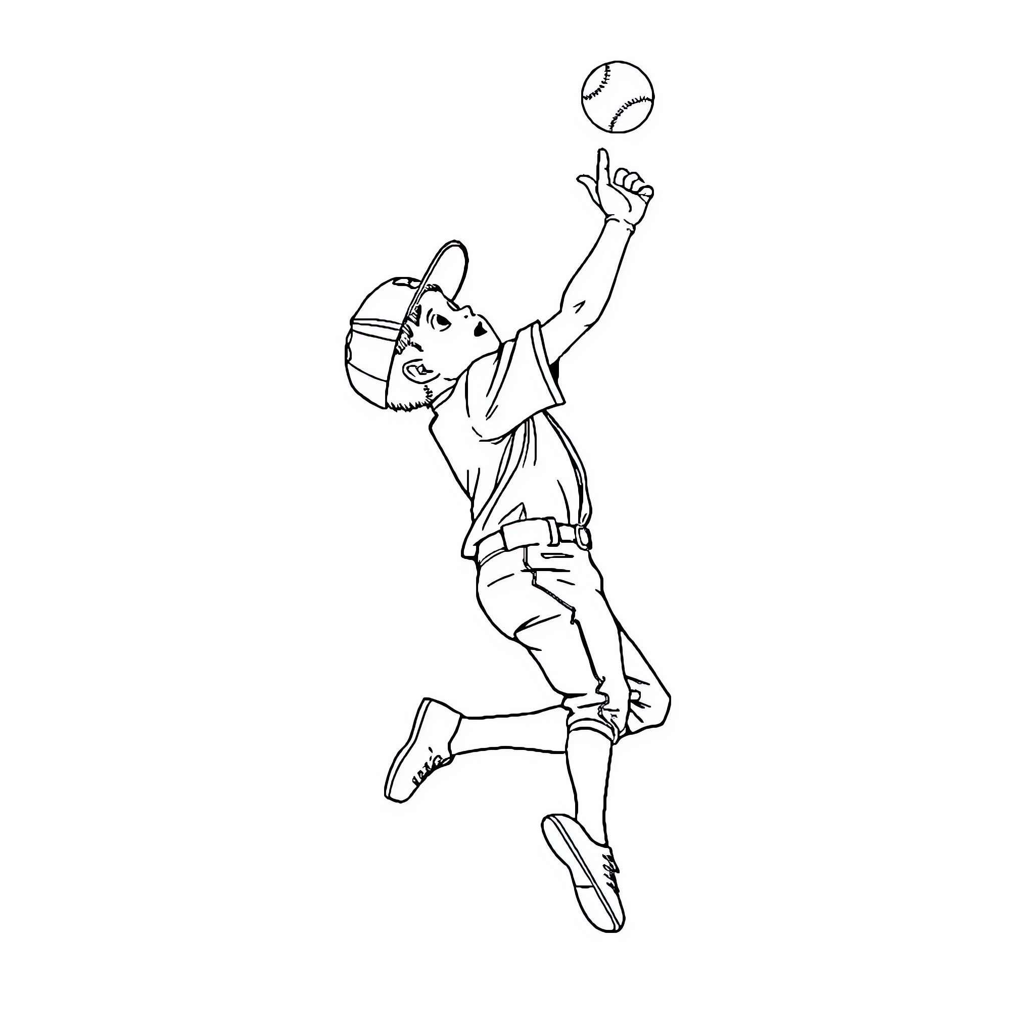 Baseball Player Catching a Fly Ball Coloring Page (free black-and-white line drawing printable PDF for all, from beginners to advanced learners, including children, teens, adults, and seniors)