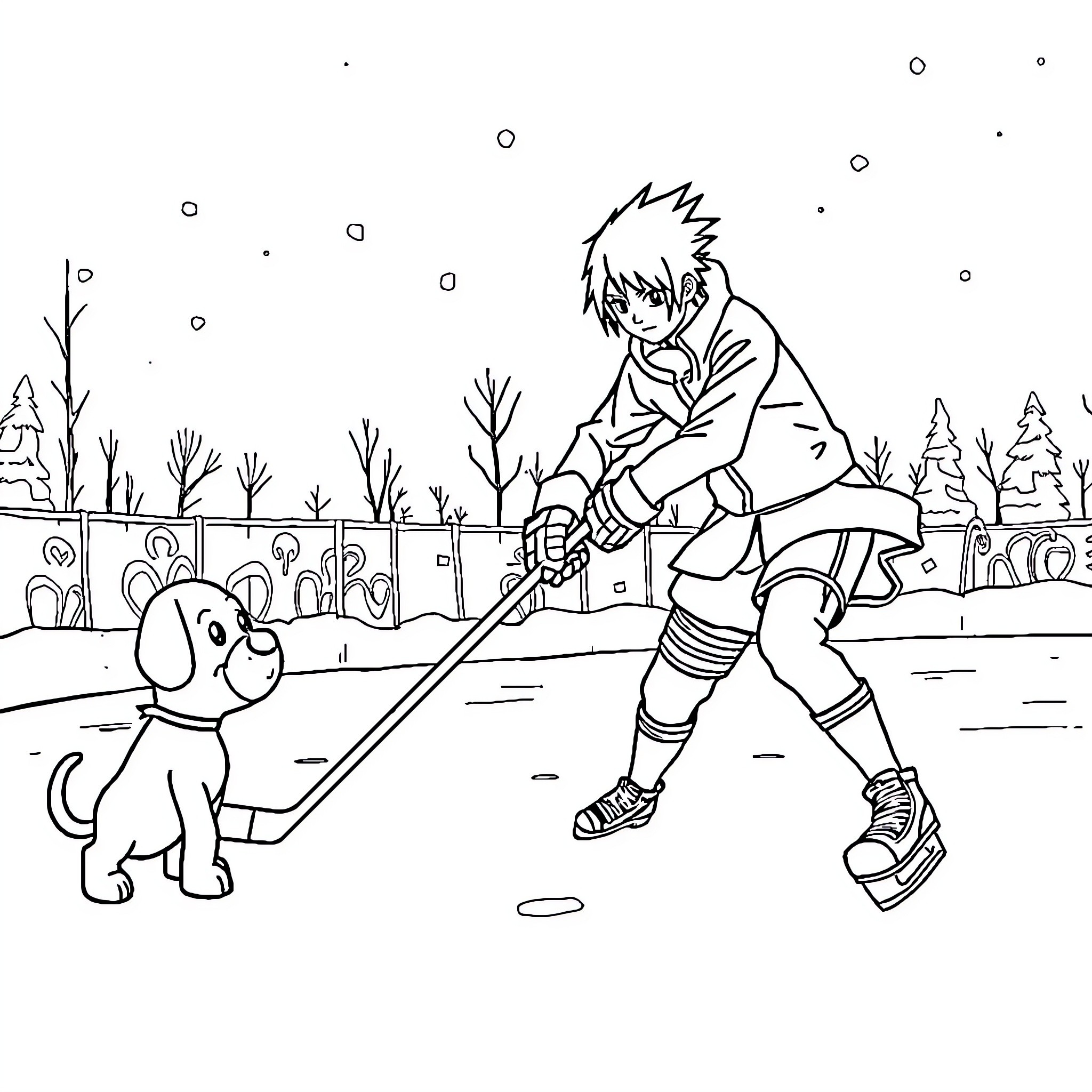 Itachi Uchiha walking dog in winter landscape Coloring Page (free black-and-white line drawing printable PDF for all, from beginners to advanced learners, including children, teens, adults, and seniors)