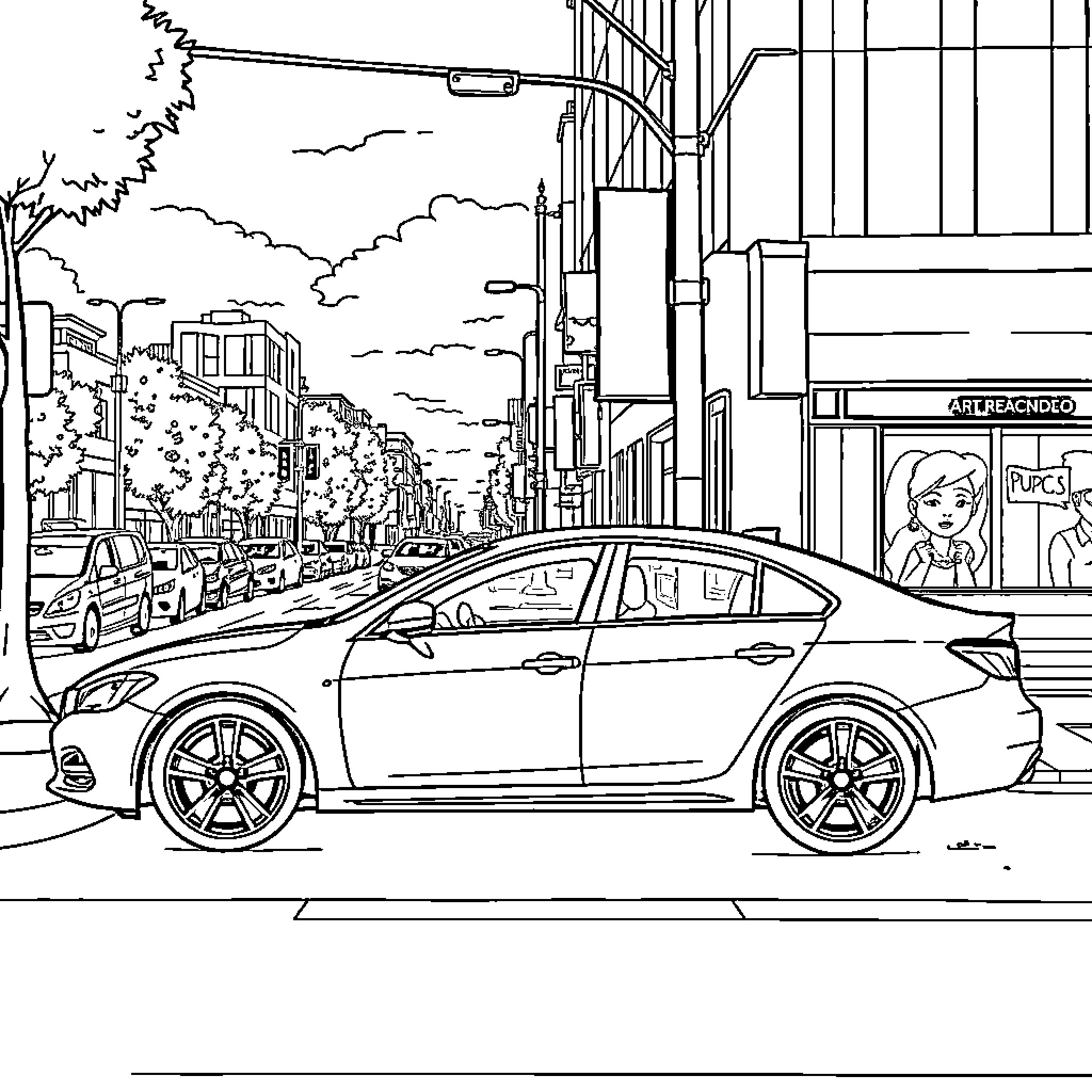 Car on a city street with buildings and scenery Coloring Page (free black-and-white line drawing printable PDF for all, from beginners to advanced learners, including children, teens, adults, and seniors)