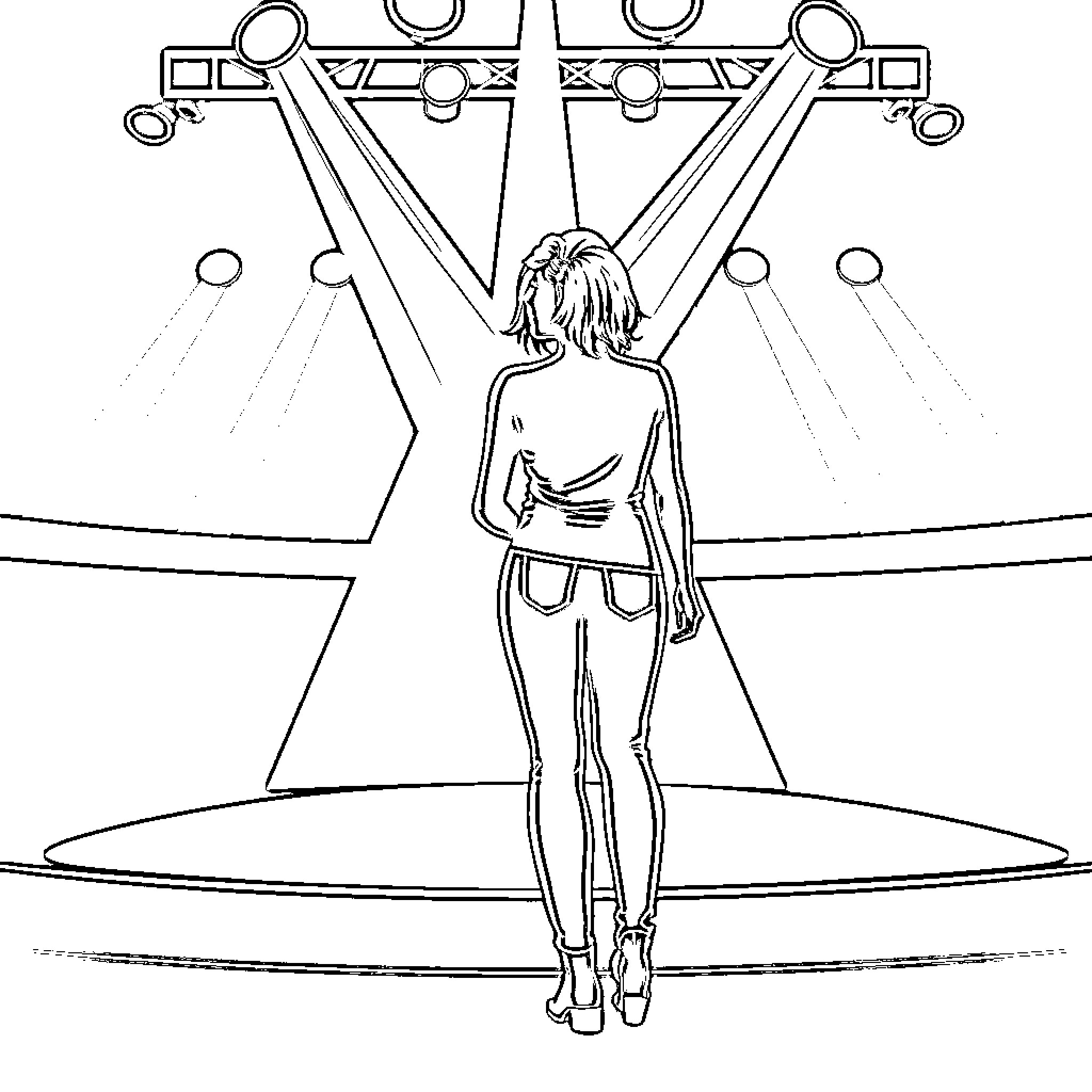 Miley Cyrus performing on stage Coloring Page (free black-and-white line drawing printable PDF for all, from beginners to advanced learners, including children, teens, adults, and seniors)