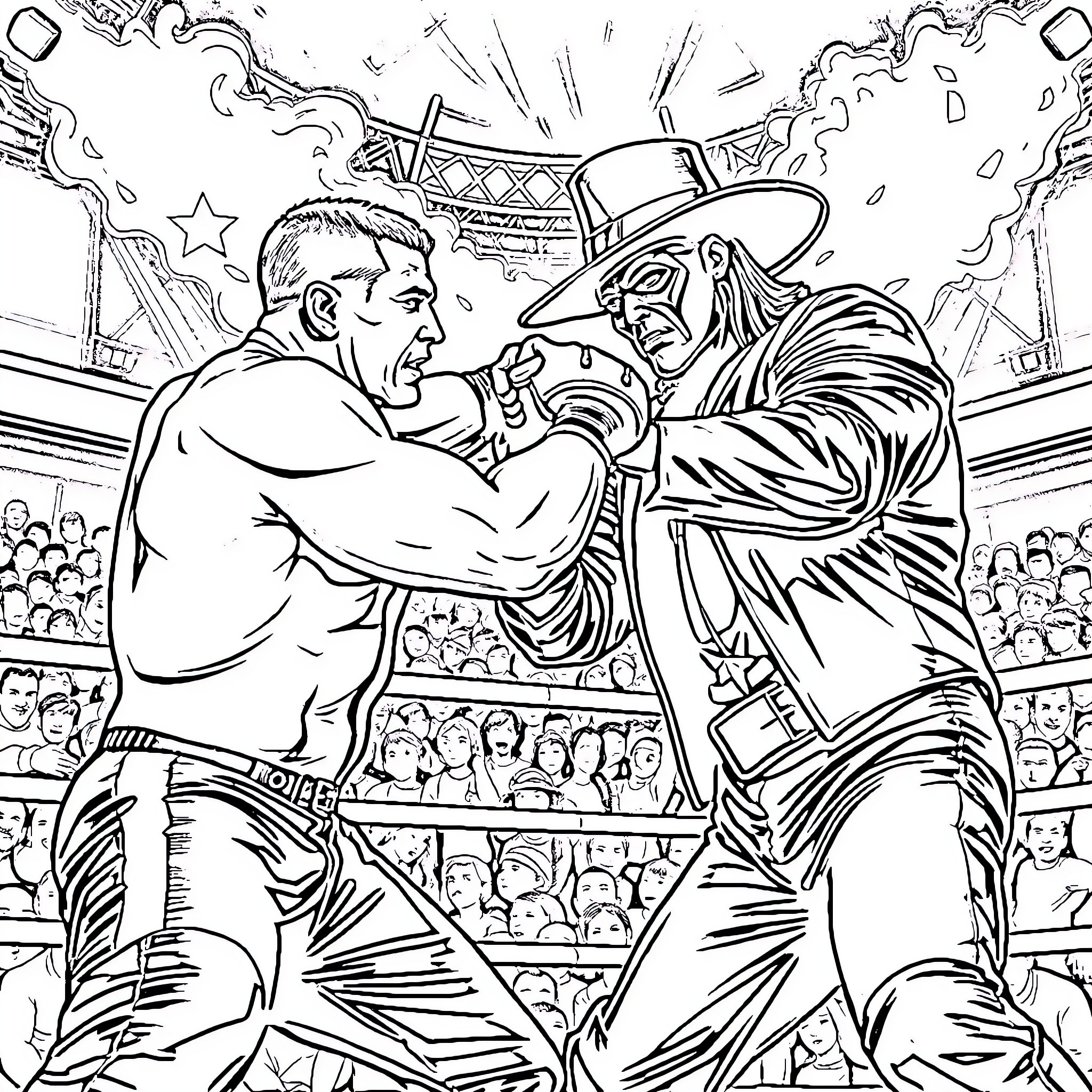 John Cena in an intense wrestling match Coloring Page (free black-and-white line drawing printable PDF for all, from beginners to advanced learners, including children, teens, adults, and seniors)