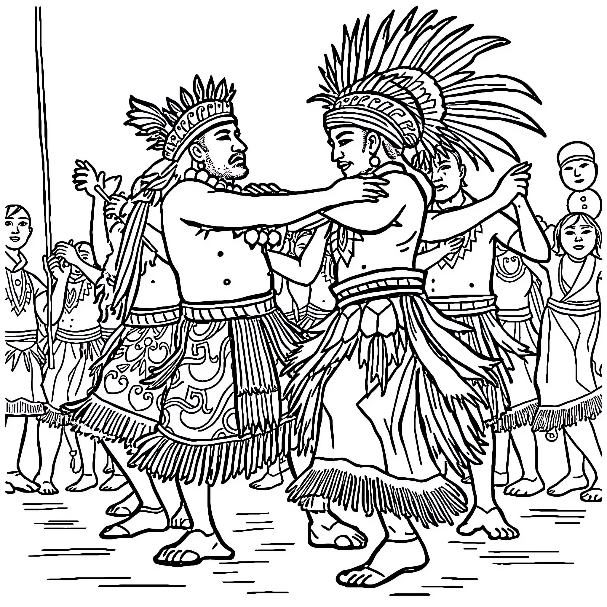 Haki Indigenous Dance Ceremony Coloring Page (free black-and-white line drawing printable PDF for all, from beginners to advanced learners, including children, teens, adults, and seniors)