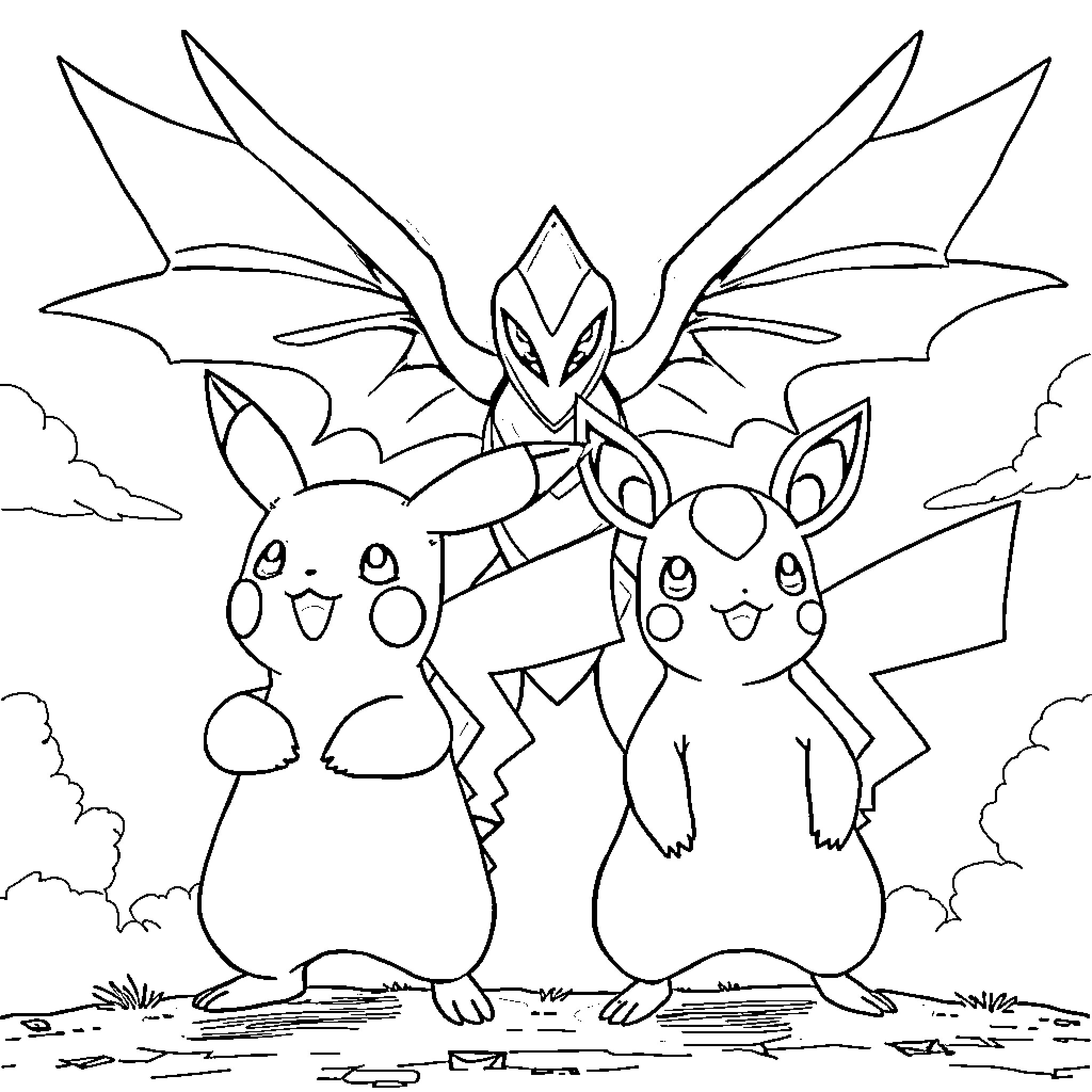 Pikachu and Raichu playing together in the clouds Coloring Page (free black-and-white line drawing printable PDF for all, from beginners to advanced learners, including children, teens, adults, and seniors)