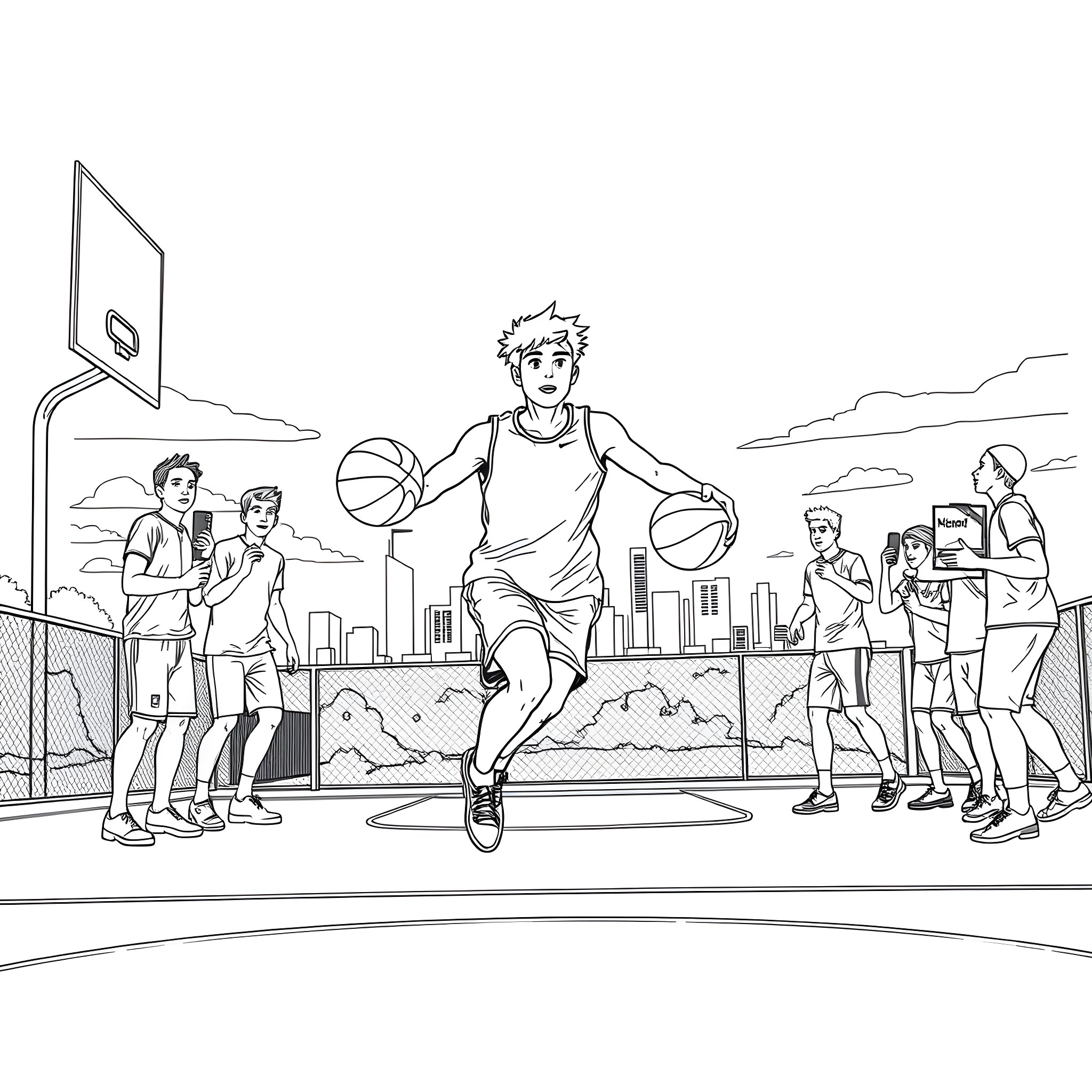 Guy playing basketball with friends on urban court Coloring Page (free black-and-white line drawing printable PDF for all, from beginners to advanced learners, including children, teens, adults, and seniors)