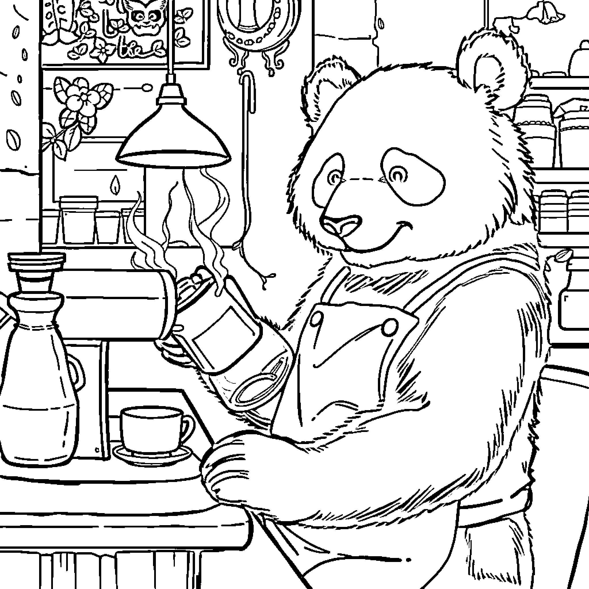 Panda preparing coffee in a cozy room Coloring Page (free black-and-white line drawing printable PDF for all, from beginners to advanced learners, including children, teens, adults, and seniors)