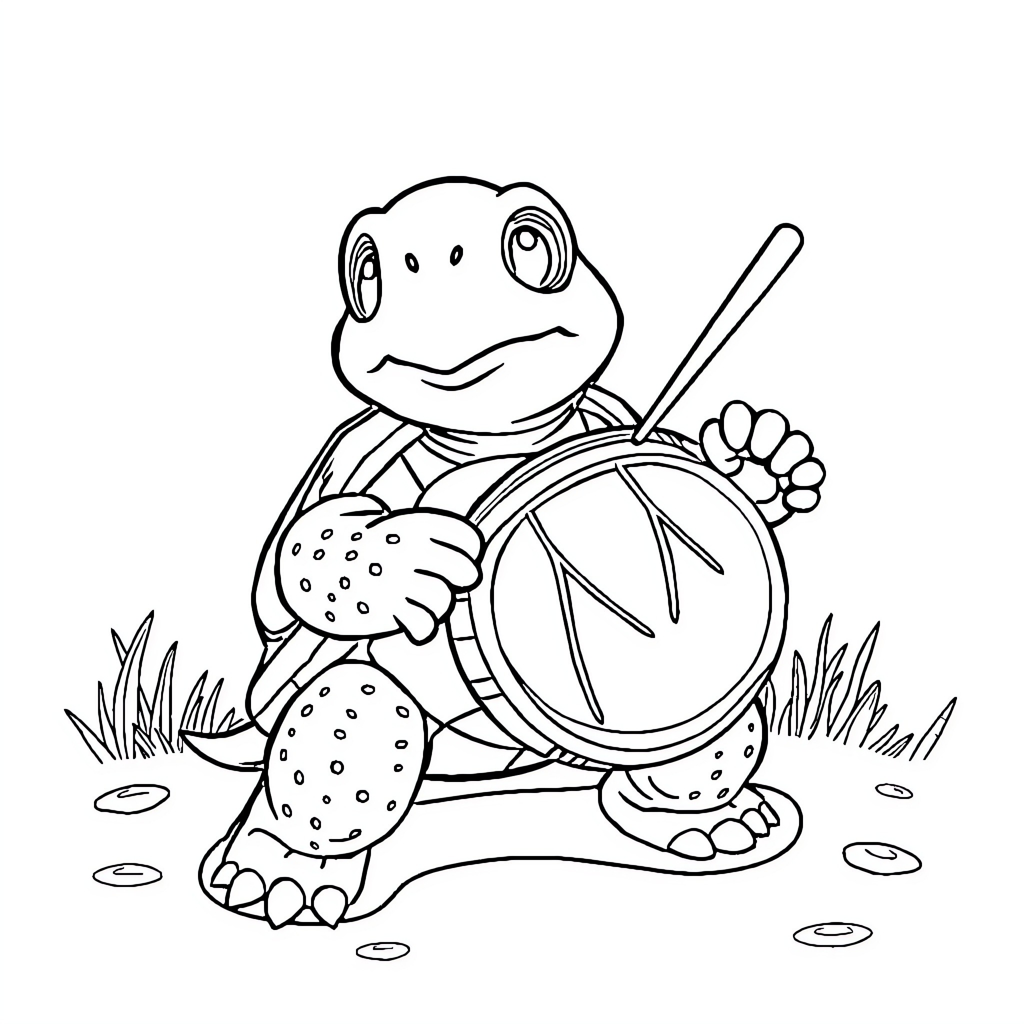 Turtle playing with drum in nature Coloring Page (free black-and-white line drawing printable PDF for all, from beginners to advanced learners, including children, teens, adults, and seniors)
