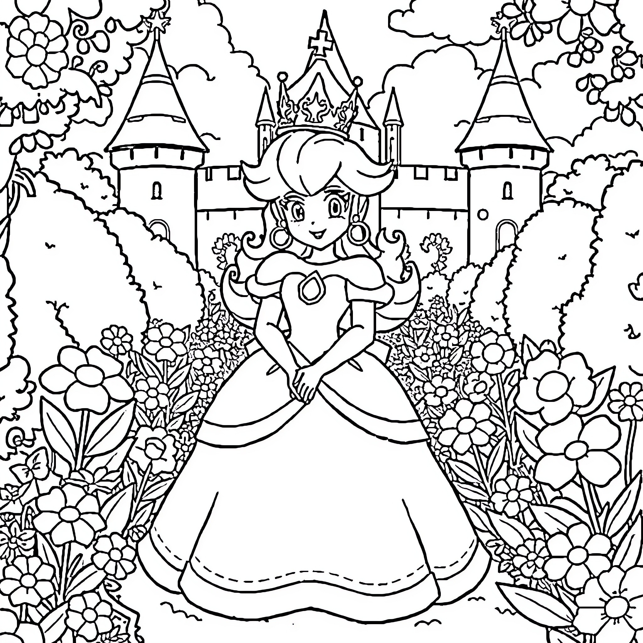 Princess in Magical Castle Garden Coloring Page (free black-and-white line drawing printable PDF for all, from beginners to advanced learners, including children, teens, adults, and seniors)
