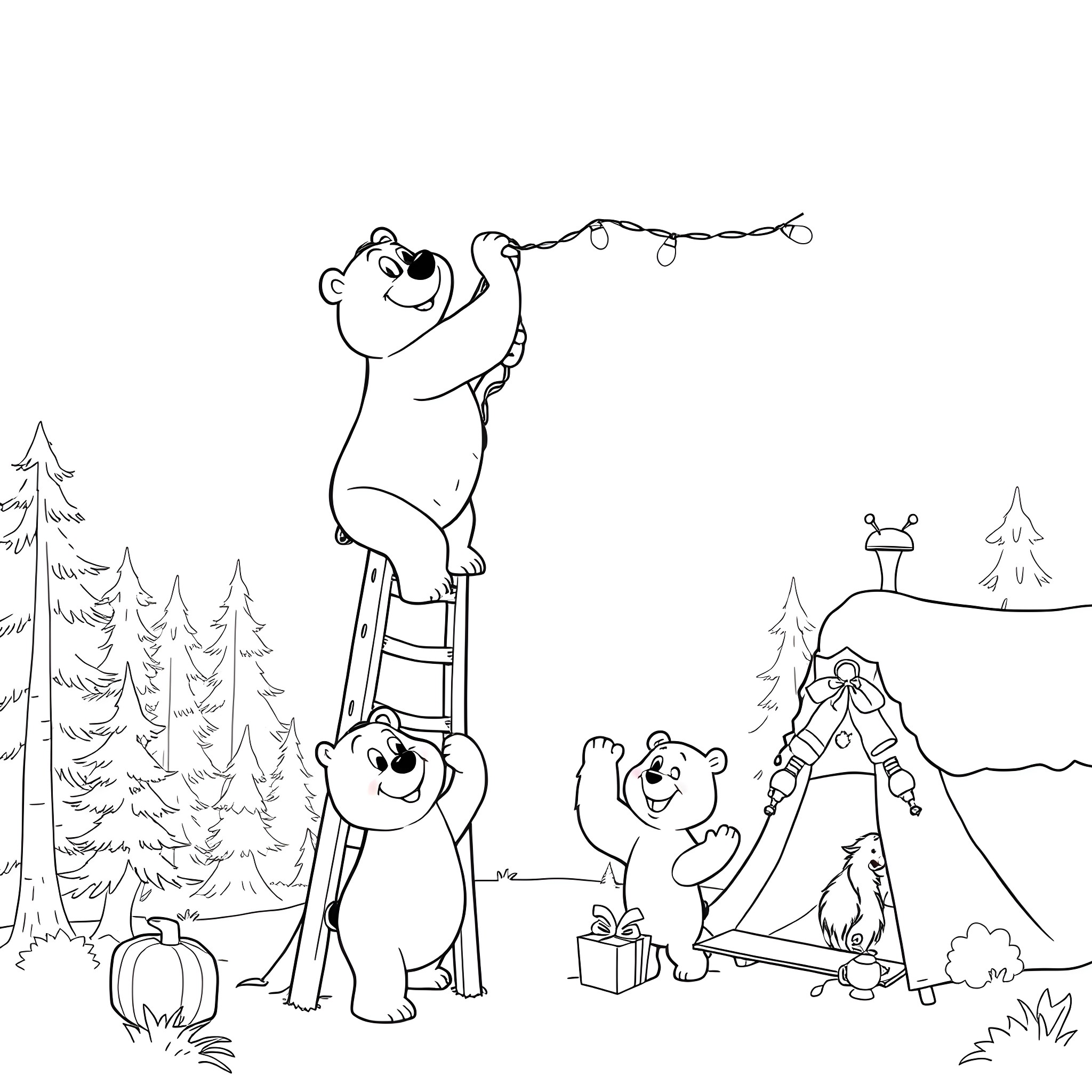 Yogi Bear decorating a campsite with his friends Coloring Page (free black-and-white line drawing printable PDF for all, from beginners to advanced learners, including children, teens, adults, and seniors)