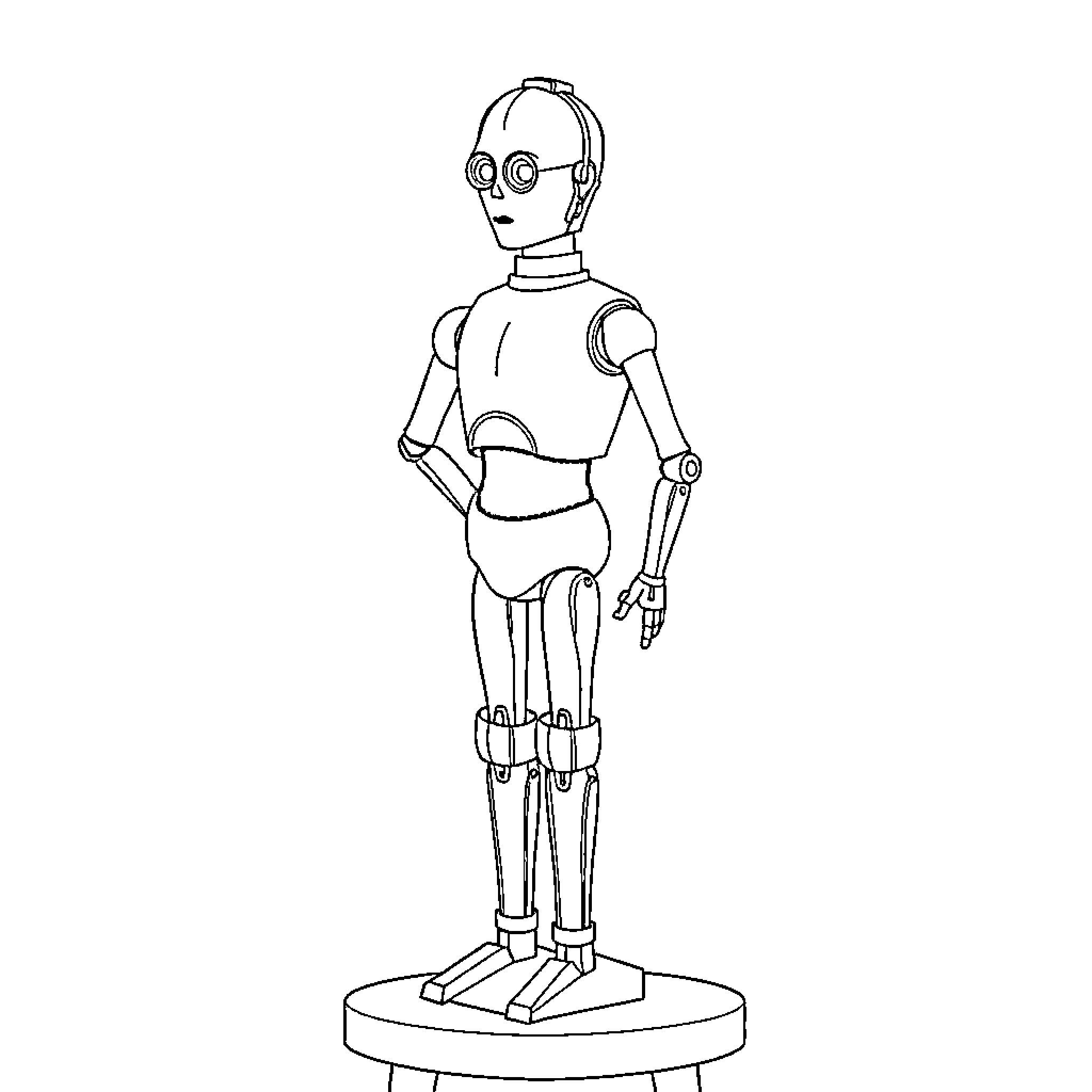 Mannequin robot standing in contemplation Coloring Page (free black-and-white line drawing printable PDF for all, from beginners to advanced learners, including children, teens, adults, and seniors)