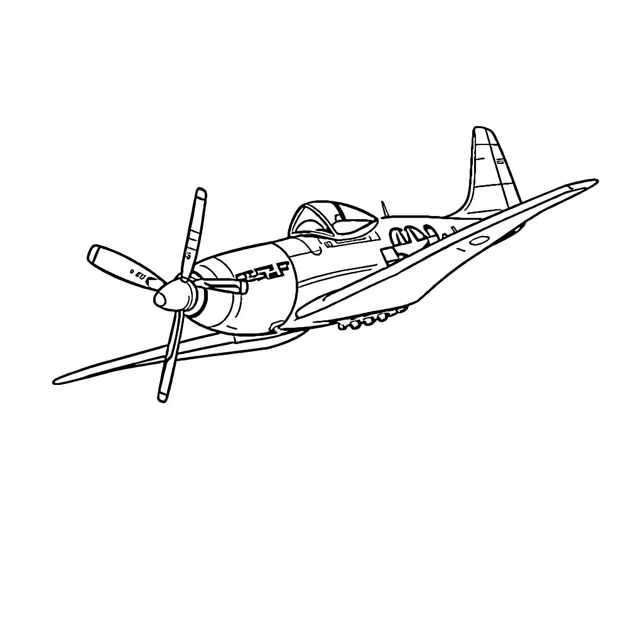 P-51 fighter aircraft in flight Coloring Page (free black-and-white line drawing printable PDF for all, from beginners to advanced learners, including children, teens, adults, and seniors)