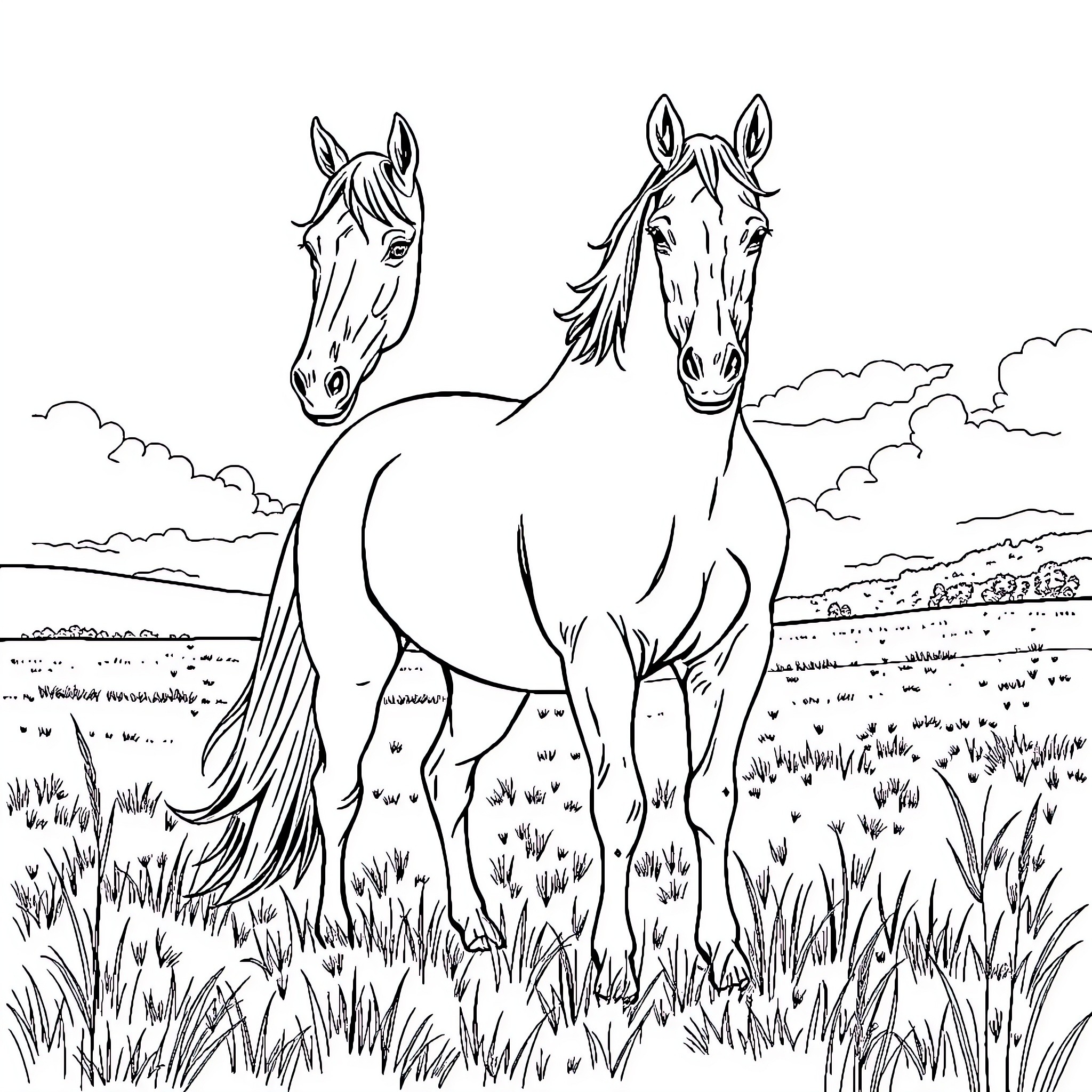 Horses grazing peacefully in a scenic meadow Coloring Page (free black-and-white line drawing printable PDF for all, from beginners to advanced learners, including children, teens, adults, and seniors)