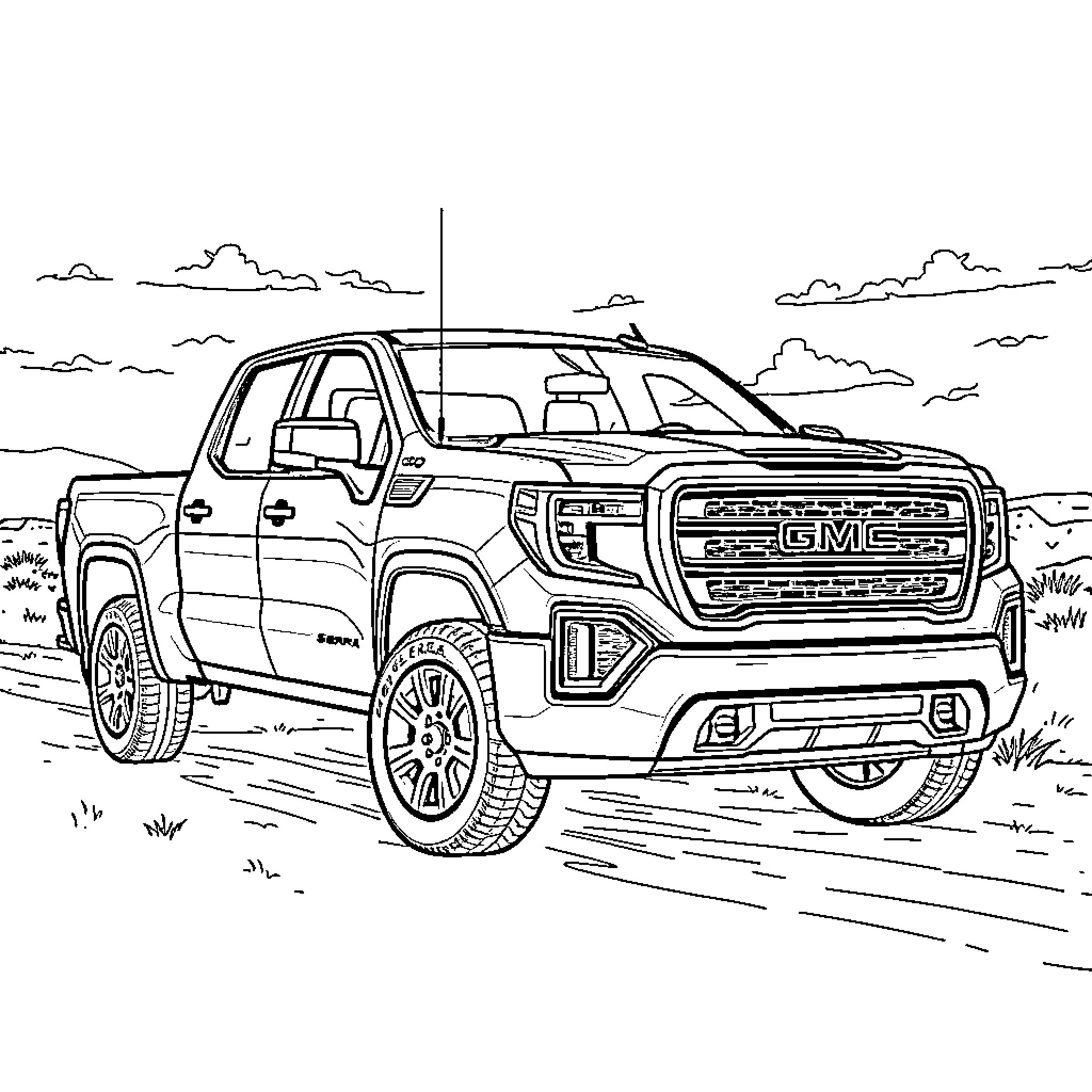 GMC Sierra off-road truck in rugged landscape Coloring Page (free black-and-white line drawing printable PDF for all, from beginners to advanced learners, including children, teens, adults, and seniors)