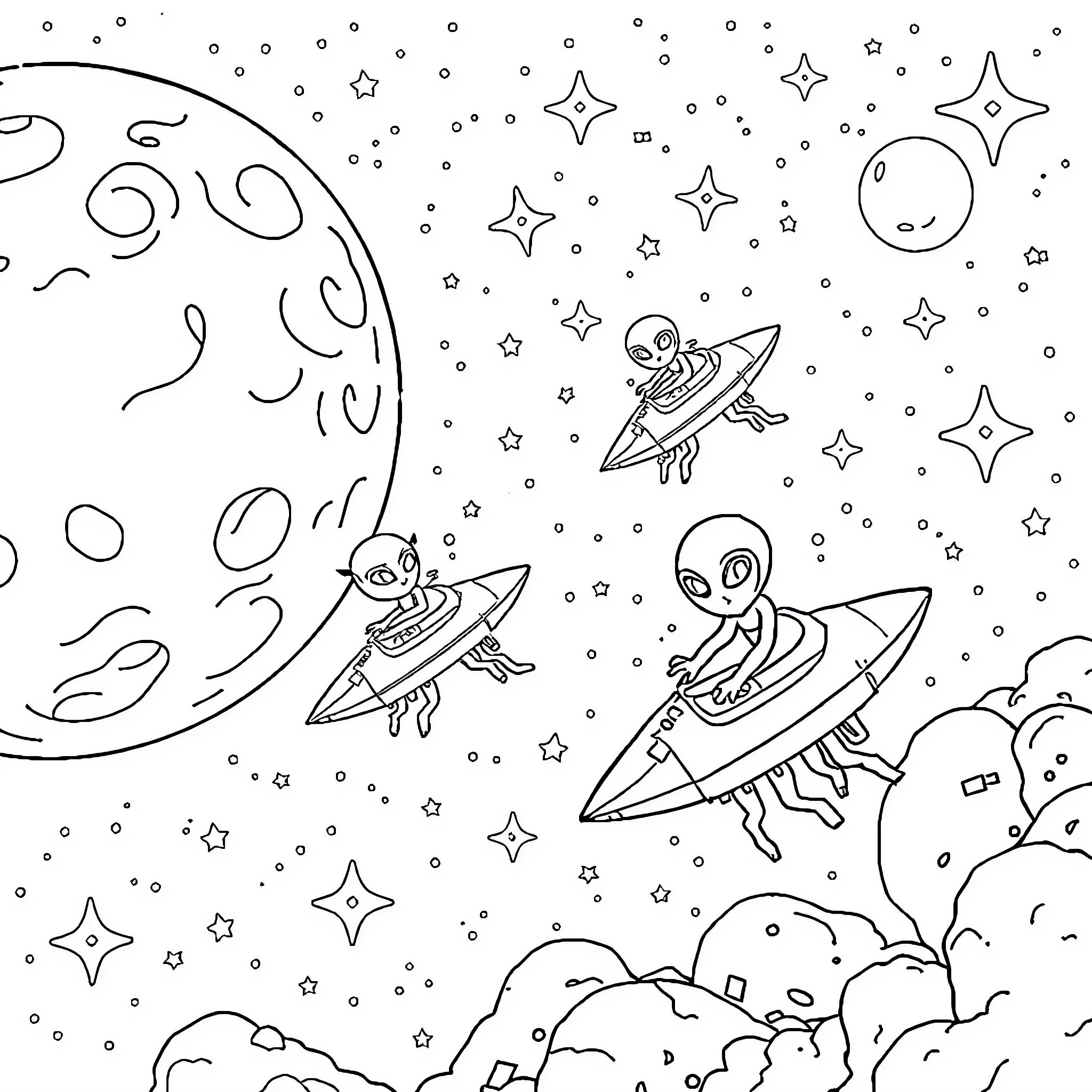 Alien creatures surfing among the stars Coloring Page (free black-and-white line drawing printable PDF for all, from beginners to advanced learners, including children, teens, adults, and seniors)