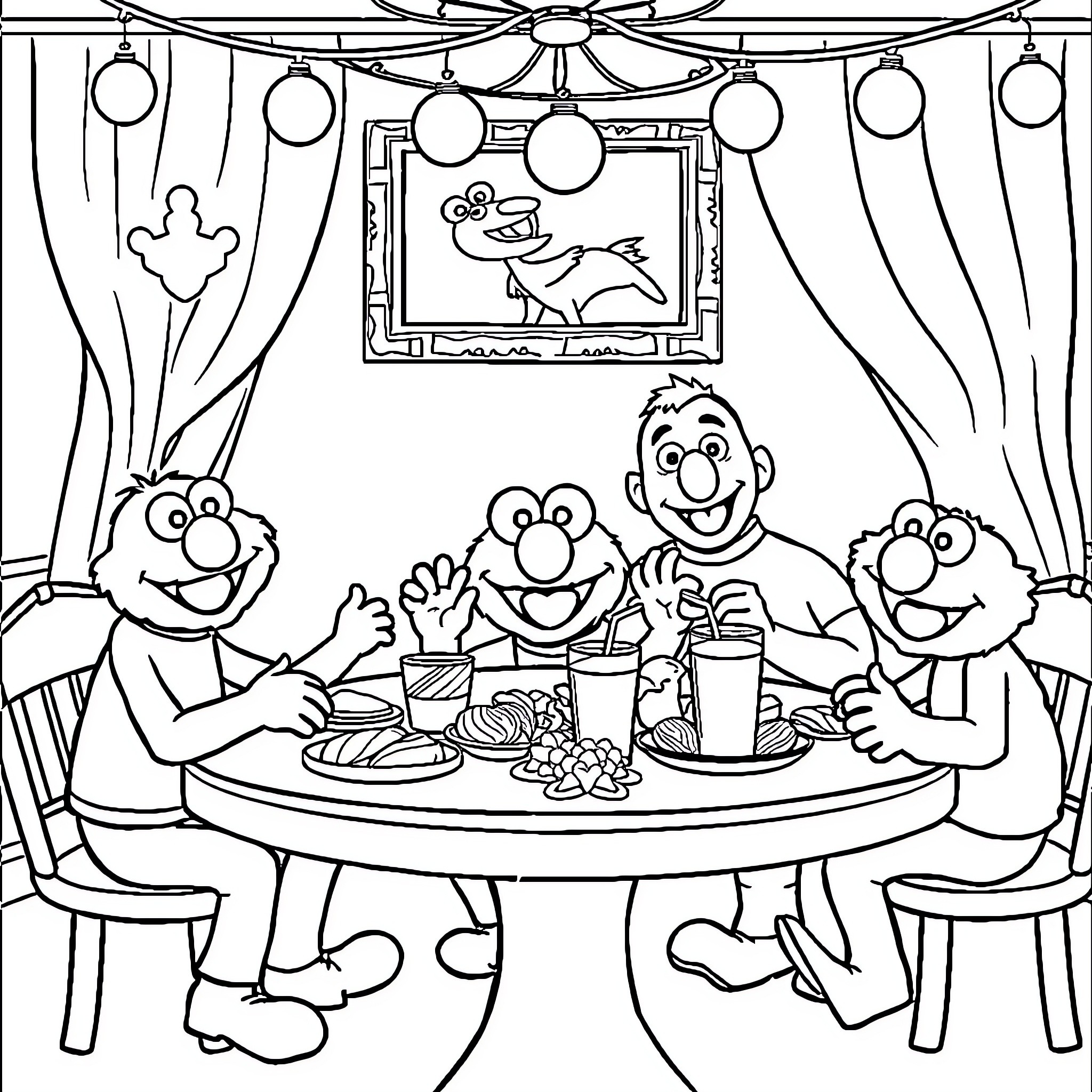 Elmo and Friends Enjoying a Lively Meal Together Coloring Page (free black-and-white line drawing printable PDF for all, from beginners to advanced learners, including children, teens, adults, and seniors)