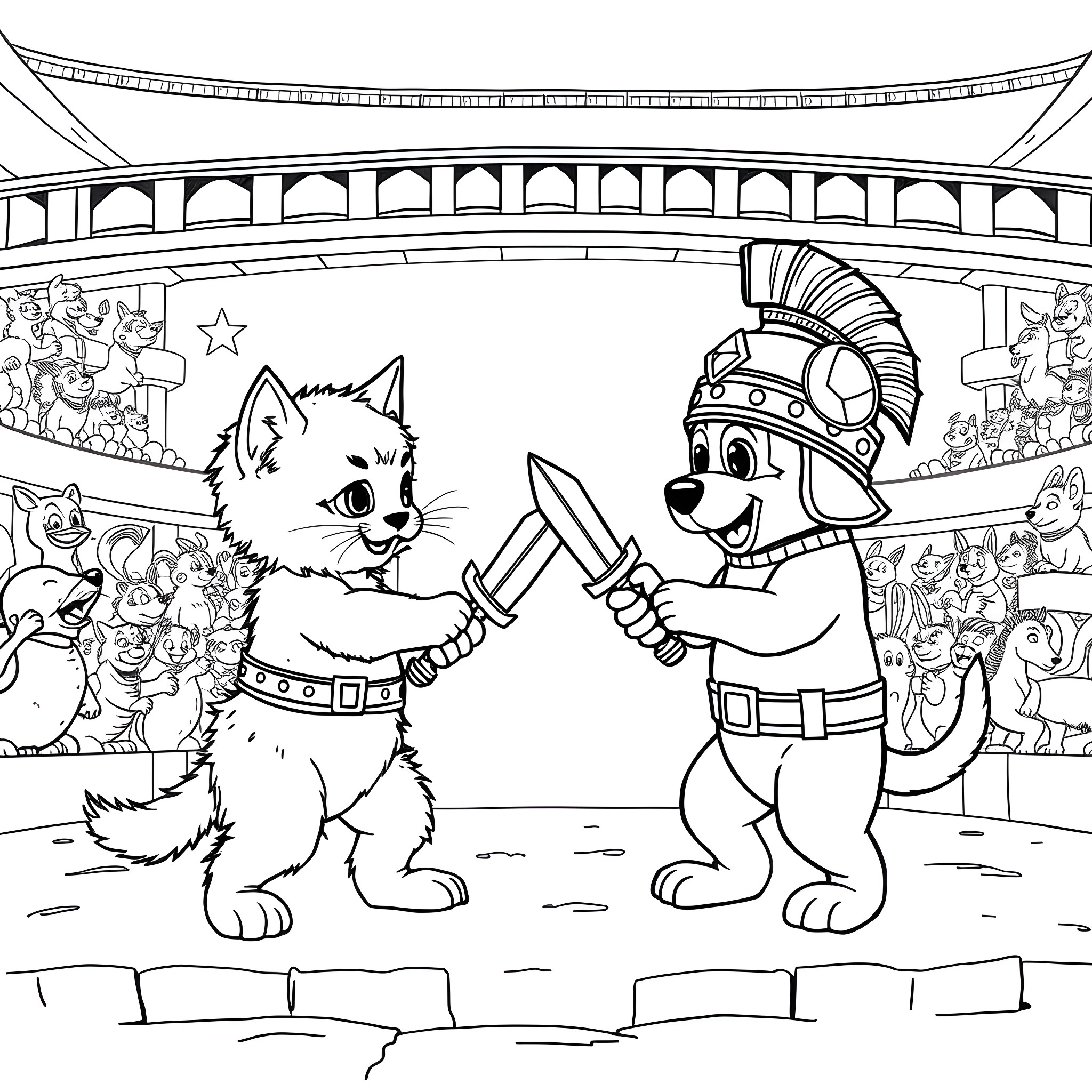 Kitten and puppy in gladiator arena Coloring Page (free black-and-white line drawing printable PDF for all, from beginners to advanced learners, including children, teens, adults, and seniors)