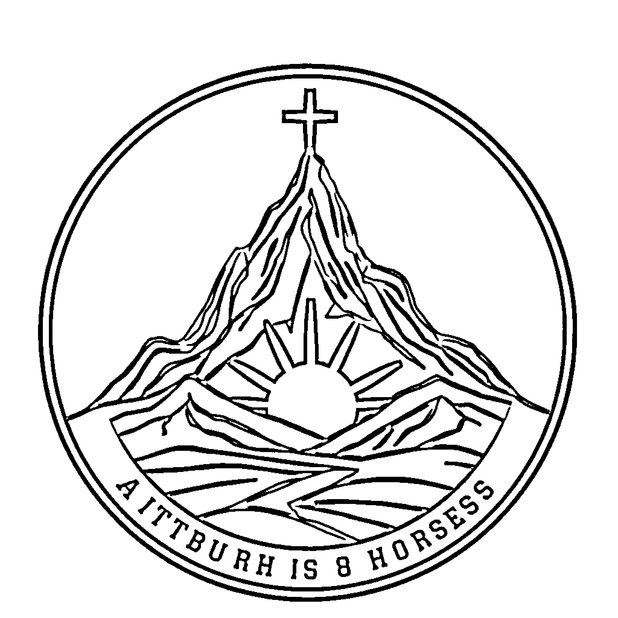 Church Logo Depicting Scenic Mountain Landscape Coloring Page (free black-and-white line drawing printable PDF for all, from beginners to advanced learners, including children, teens, adults, and seniors)