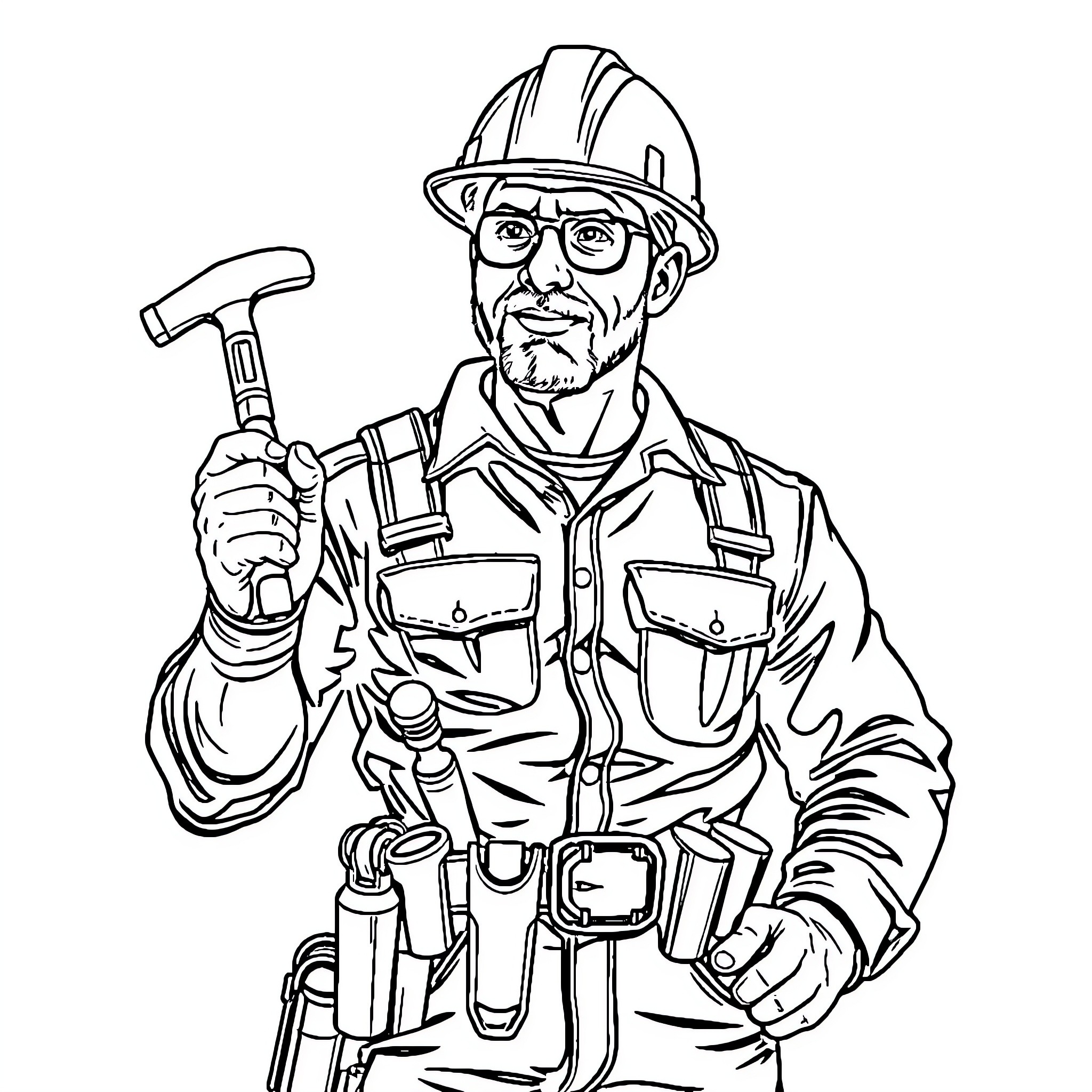 Builder at work with tools and uniform Coloring Page (free black-and-white line drawing printable PDF for all, from beginners to advanced learners, including children, teens, adults, and seniors)