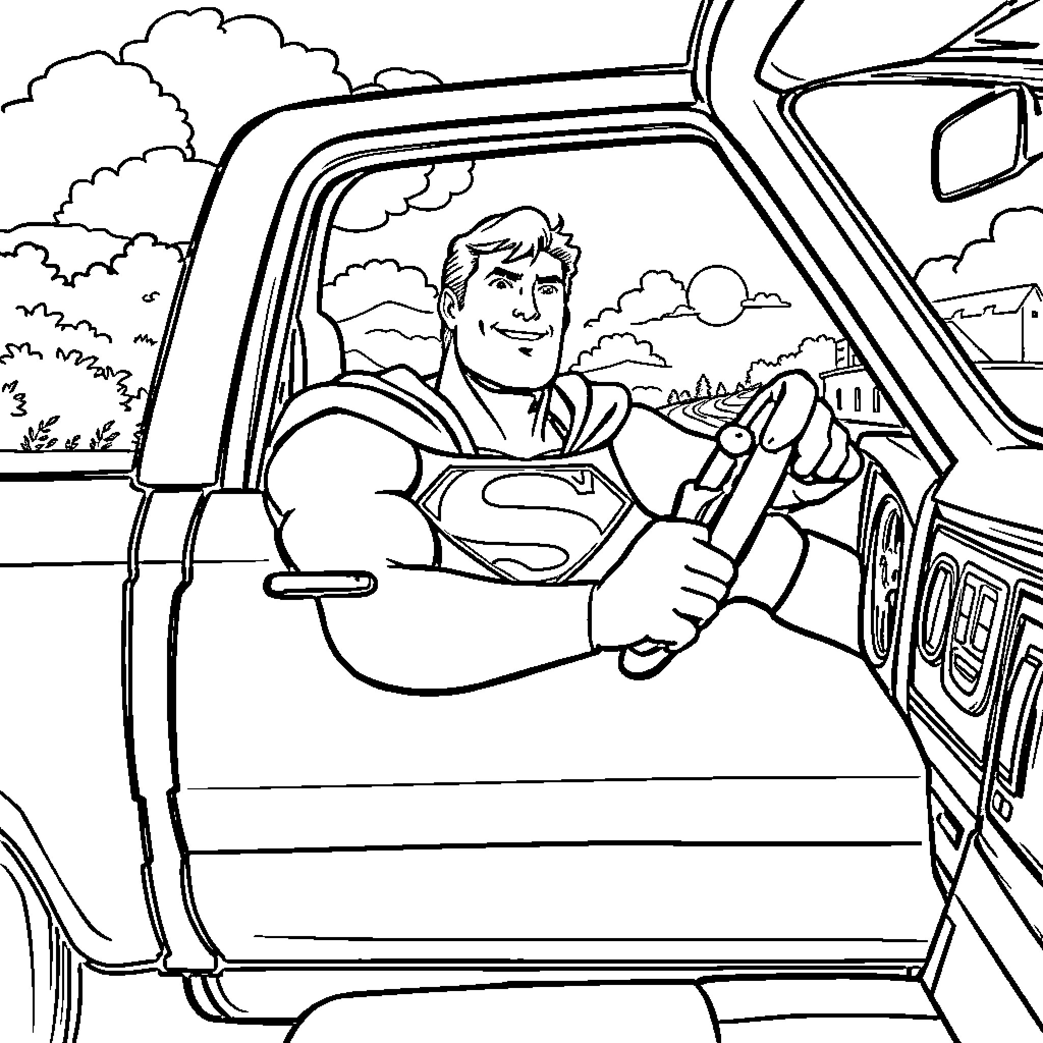 Superman driving a vehicle in the countryside Coloring Page (free black-and-white line drawing printable PDF for all, from beginners to advanced learners, including children, teens, adults, and seniors)