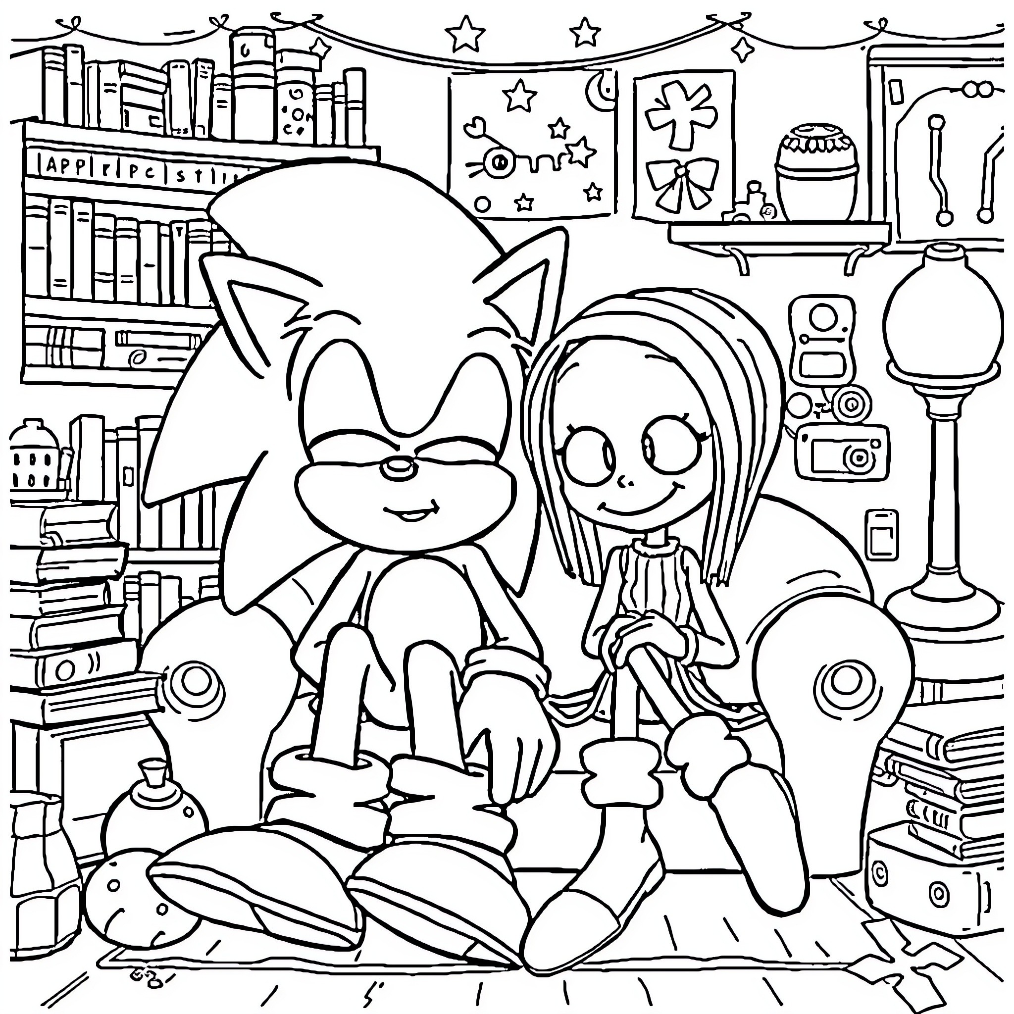 Sonic and Friend Surrounded by Fantastical Objects Coloring Page (free black-and-white line drawing printable PDF for all, from beginners to advanced learners, including children, teens, adults, and seniors)