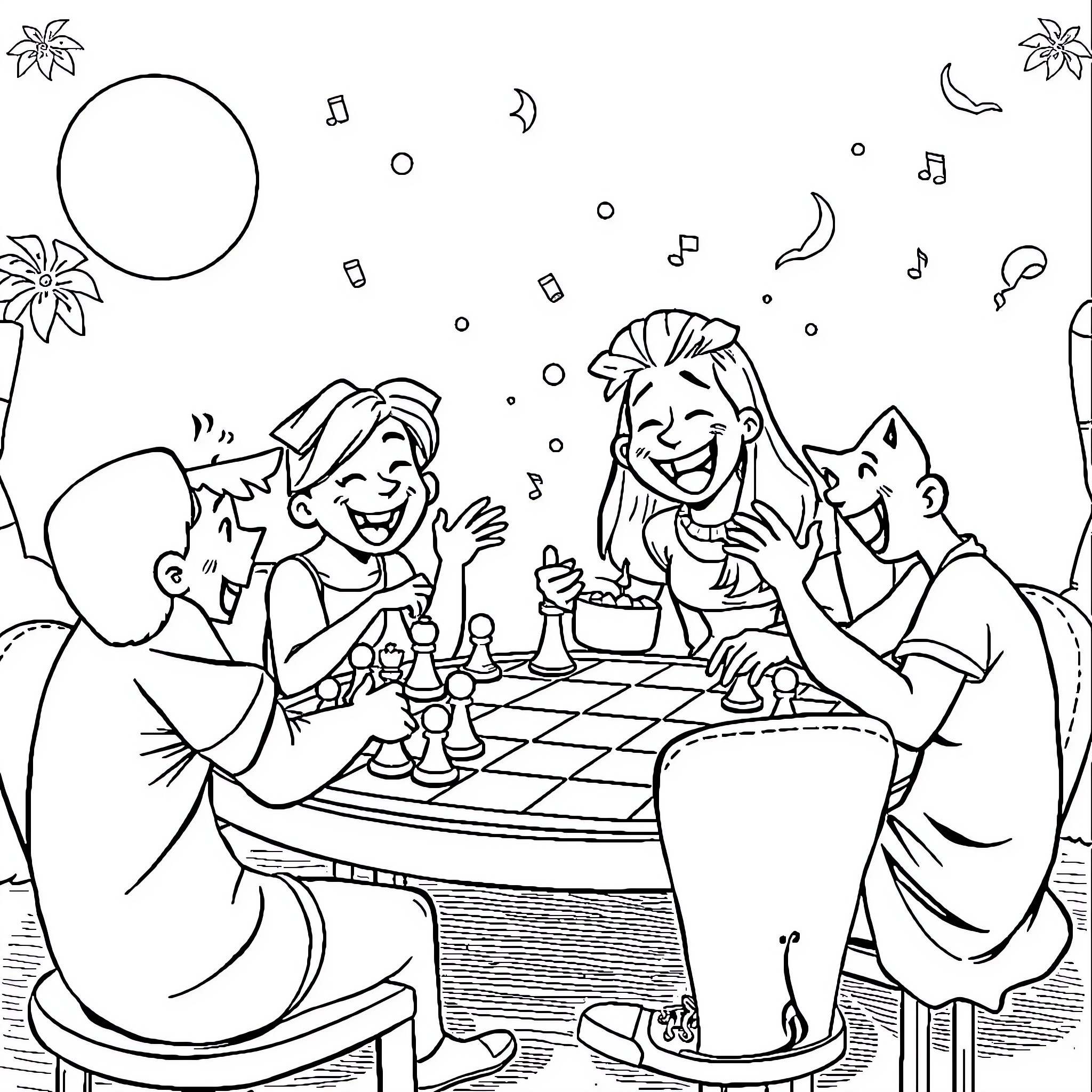 Tralalero Friends Playing Chess under Starry Night Coloring Page (free black-and-white line drawing printable PDF for all, from beginners to advanced learners, including children, teens, adults, and seniors)