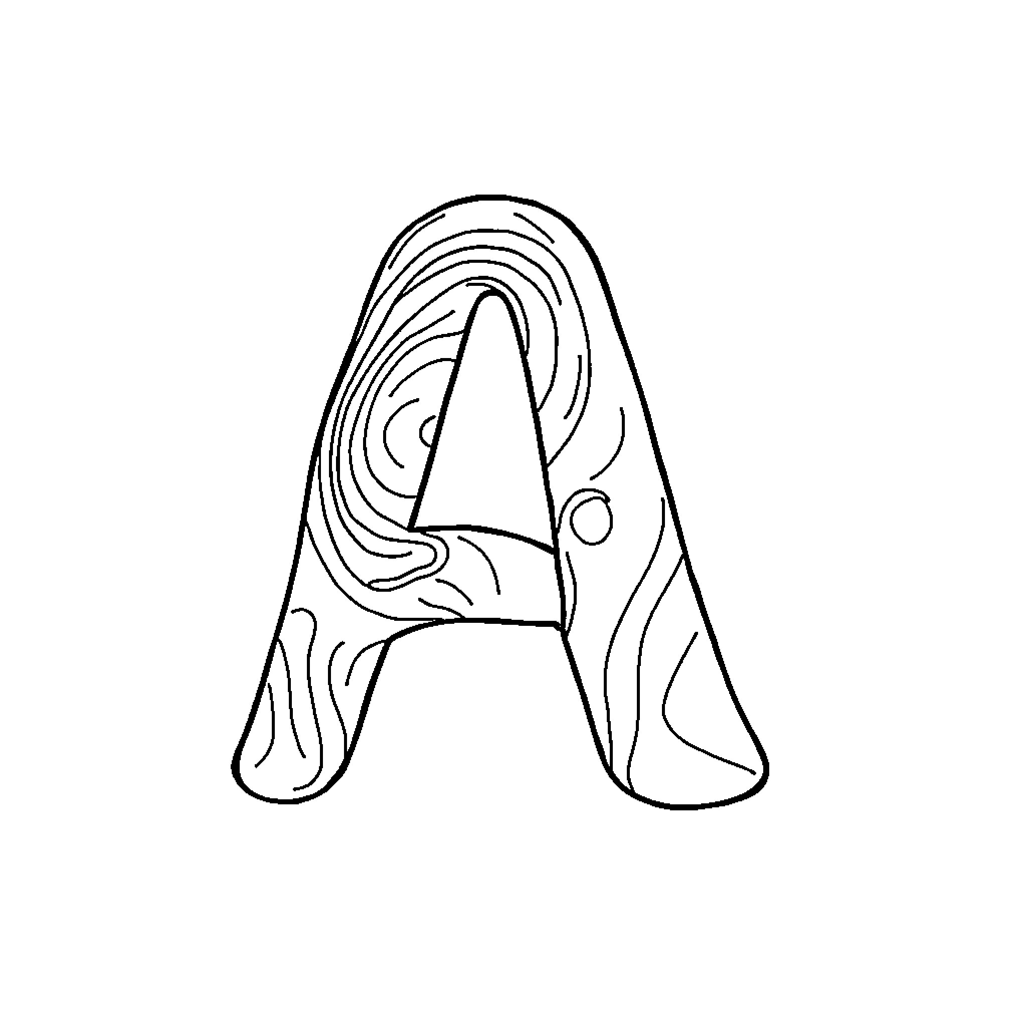 Letter A with Abstract Swirling Design Coloring Page (free black-and-white line drawing printable PDF for all, from beginners to advanced learners, including children, teens, adults, and seniors)