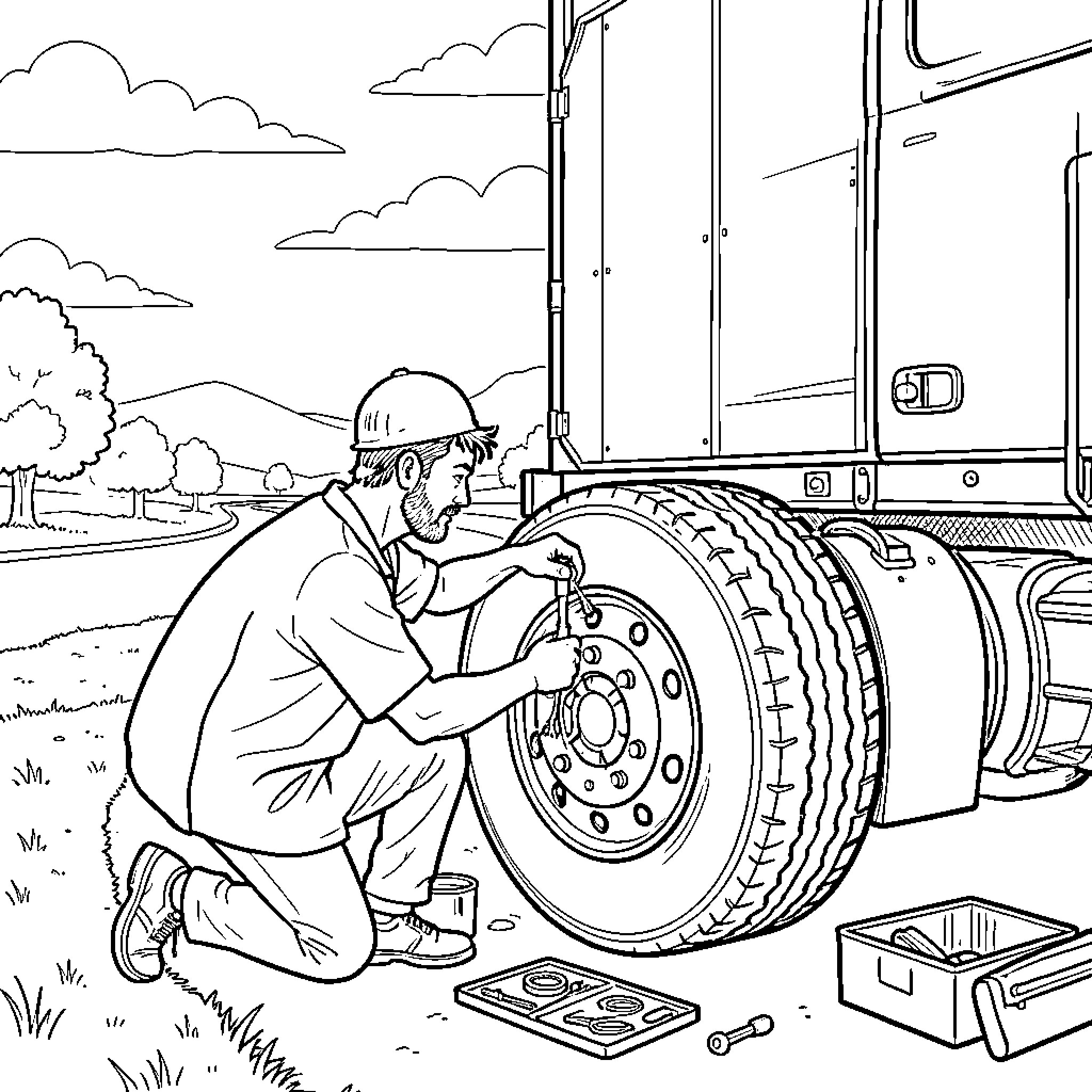 Homme repairing a large truck tire outdoors Coloring Page (free black-and-white line drawing printable PDF for all, from beginners to advanced learners, including children, teens, adults, and seniors)