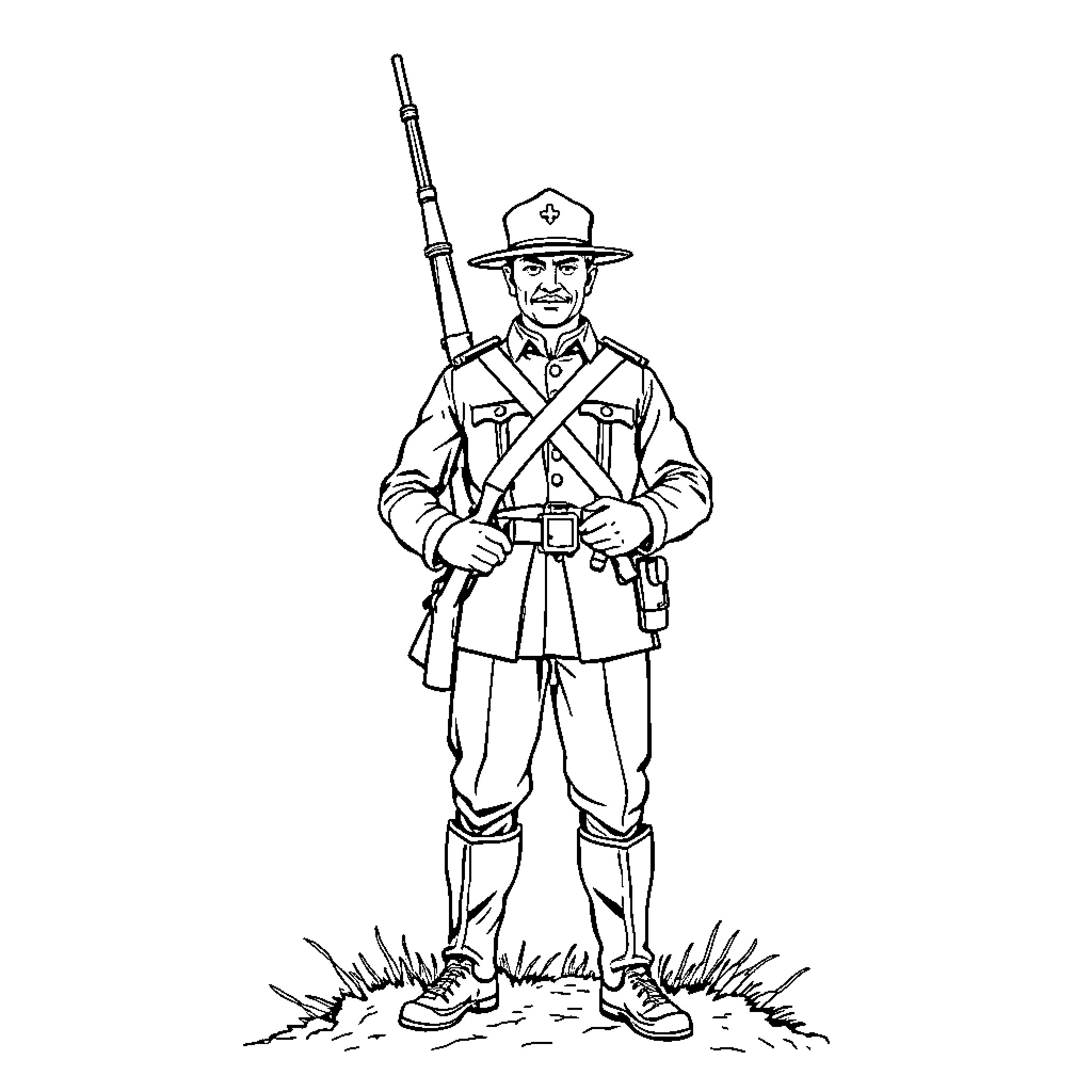 Soldier standing at attention with rifle Coloring Page (free black-and-white line drawing printable PDF for all, from beginners to advanced learners, including children, teens, adults, and seniors)
