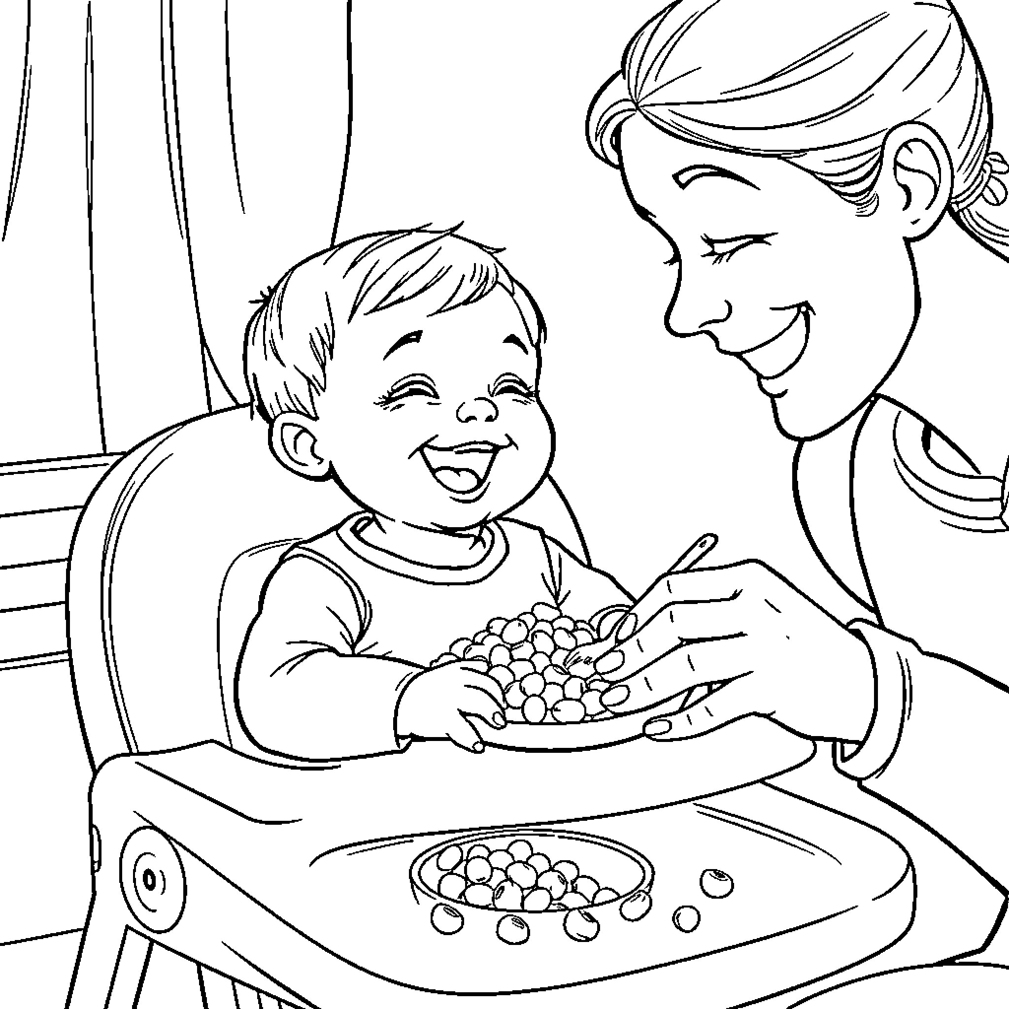 Baby Enjoying Snack with Caregiver Coloring Page (free black-and-white line drawing printable PDF for all, from beginners to advanced learners, including children, teens, adults, and seniors)